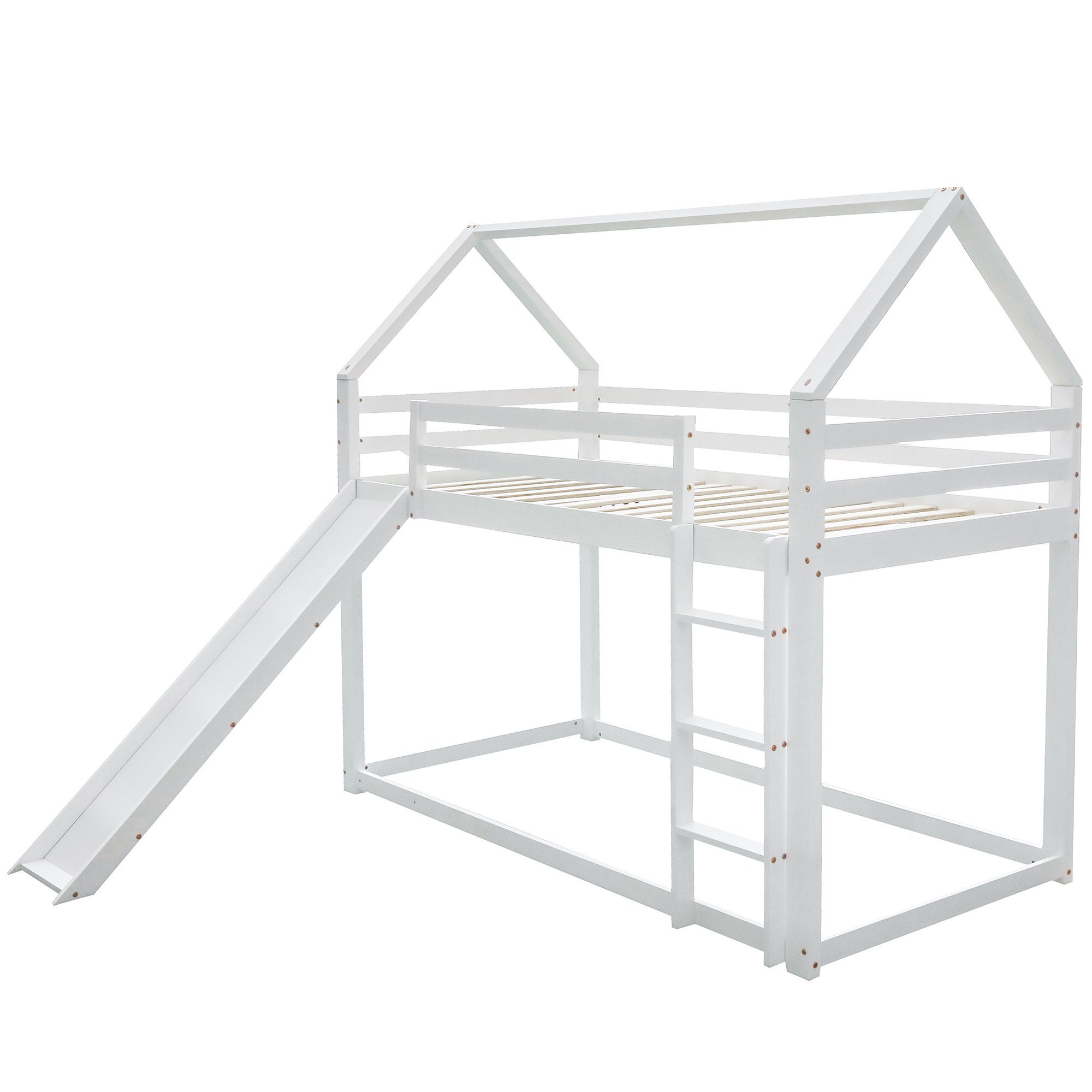 Etagenbett (inklusive Lattenrost, Rutsche, Leiter und Fallschutz), Hausbett Kinderbett mit 2 Schlafgelegenheiten, 90x200cm, Kiefer