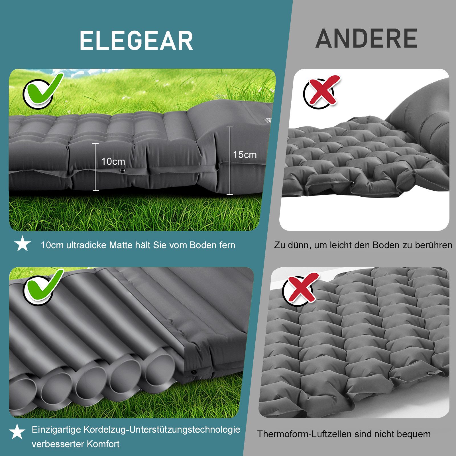 Elegear Isomatte 10cm dicke Campingmatte, 200×65/140CM Aufblasbar Superleicht, (1-tlg), Camping Isomatte Schlafmatte, leicht zu tragen, camping zubehör