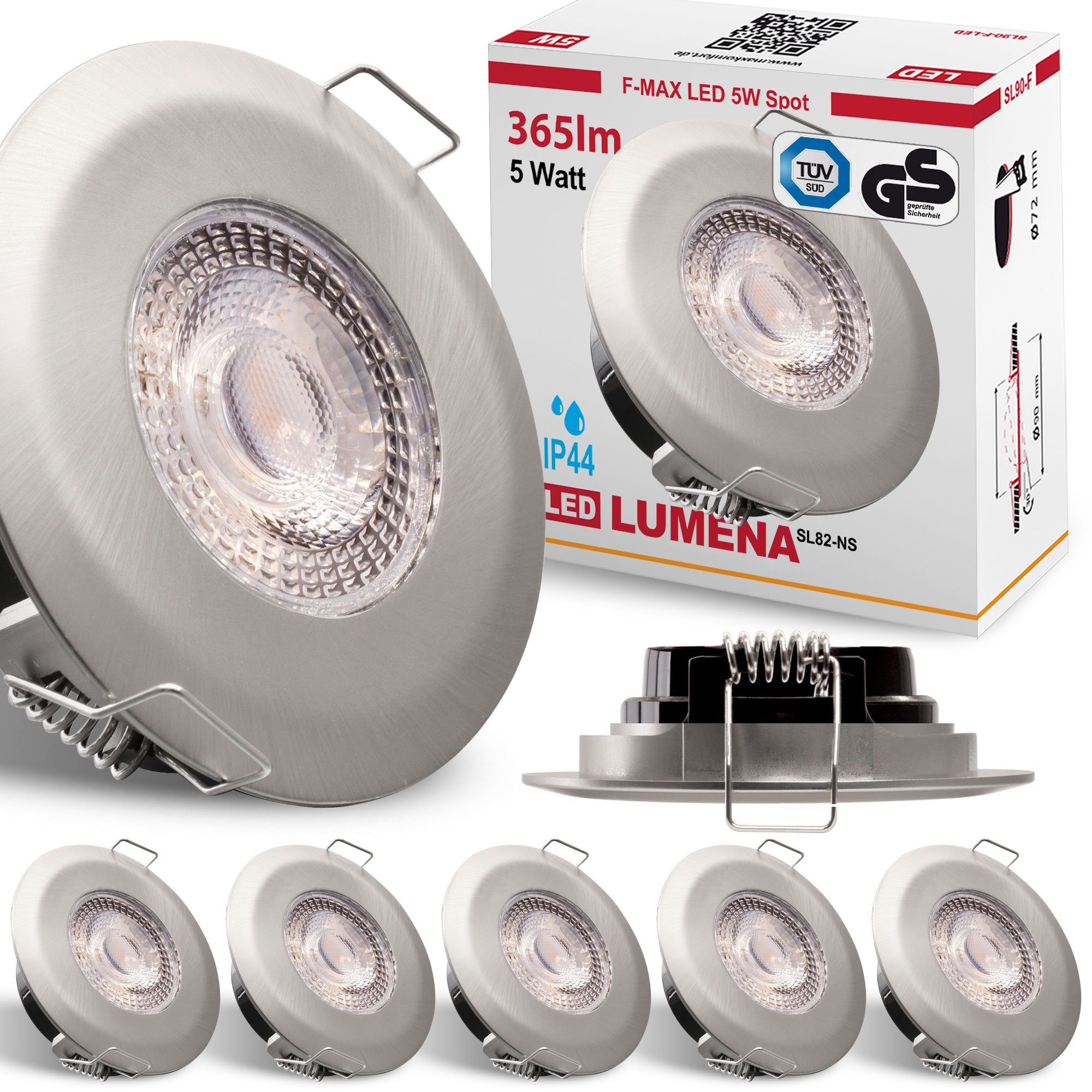 Maxkomfort LED Einbaustrahler 6er Set, Einbauleuchten Bad IP44, Warmweiß, ultraflach, Ø82x30mm, LED fest integriert, Warmweiß, 3000K, IP44 Einbauspots Decke, 230V, 5W, 365lm, 6er Set