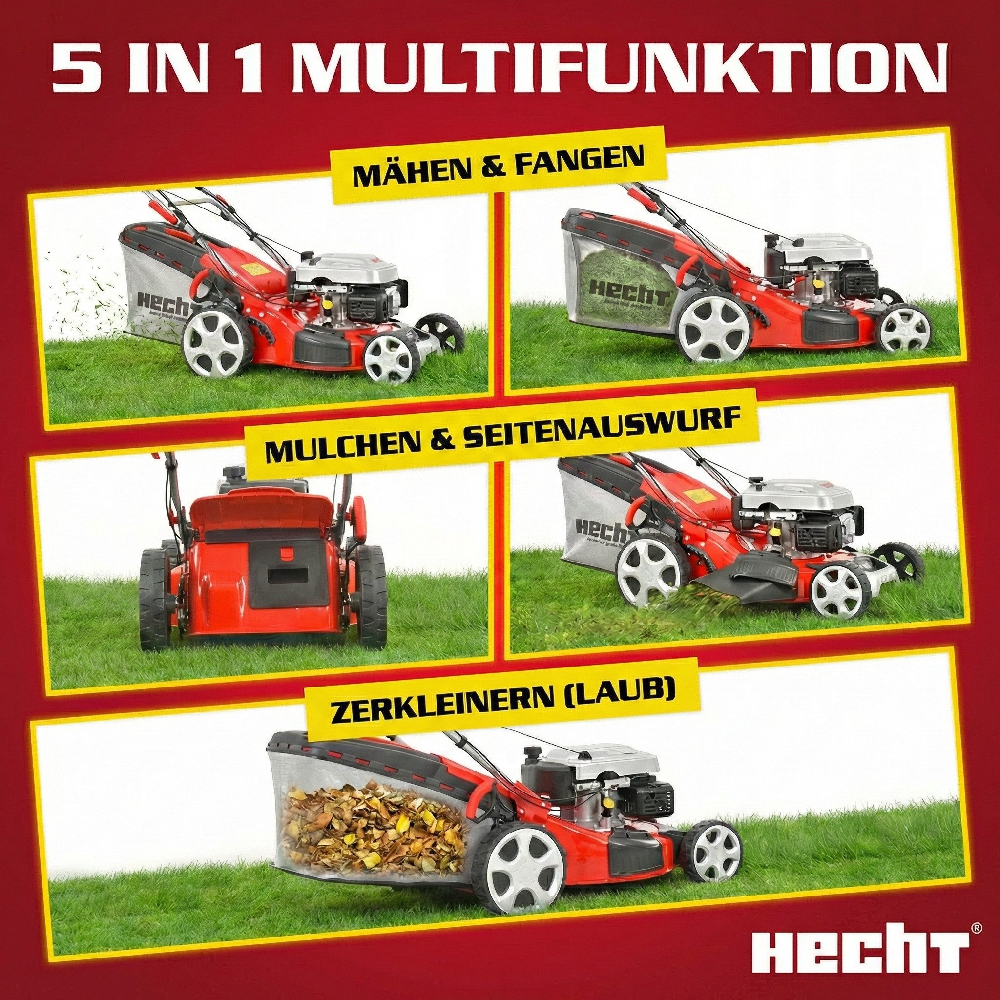 Hecht Benzinrasenmäher 5484 SX 5in1 mit Radantrieb Mulchkit, 46 cm Schnittbreite, 5 PS, 25-75mm, 60L Fangkorb