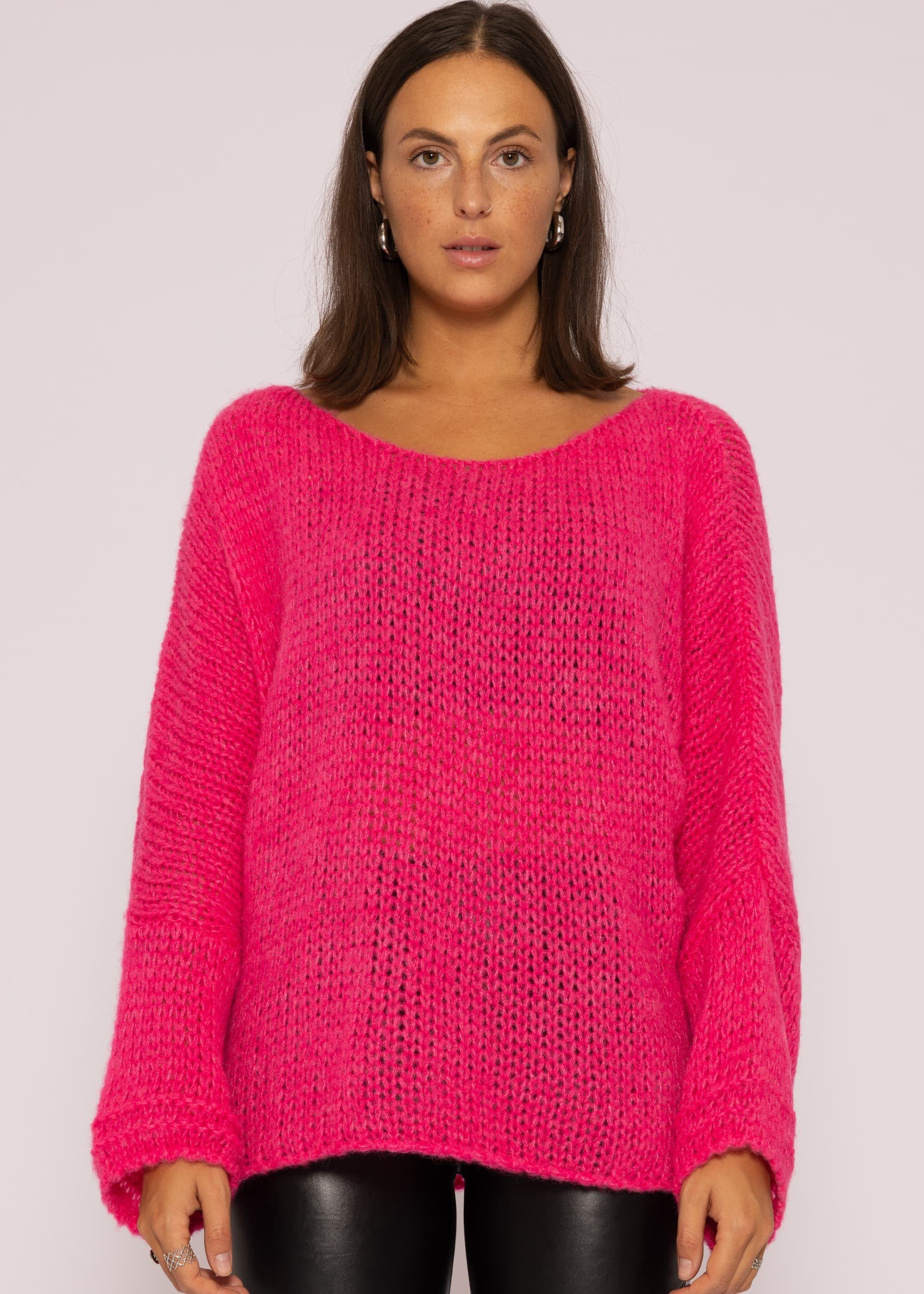 Made mit in Strickpullover Lässiger aus weichem lang Damen Grobstrick Pullover Pink Strickpullover Oversize SASSYCLASSY Rundhals-Ausschnitt, Italy