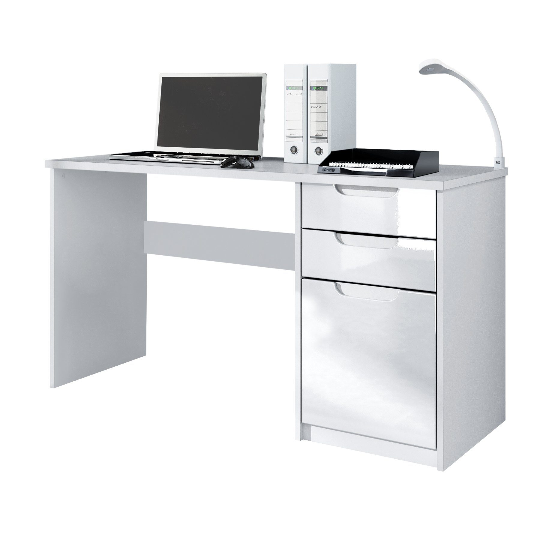 Vladon Schreibtisch Logan (Bürotisch, mit 2 Schubladen und 1 Tür), Weiß matt/Weiß Hochglanz (129 x 76 x 60 cm) Fronten in Weiß Hochglanz