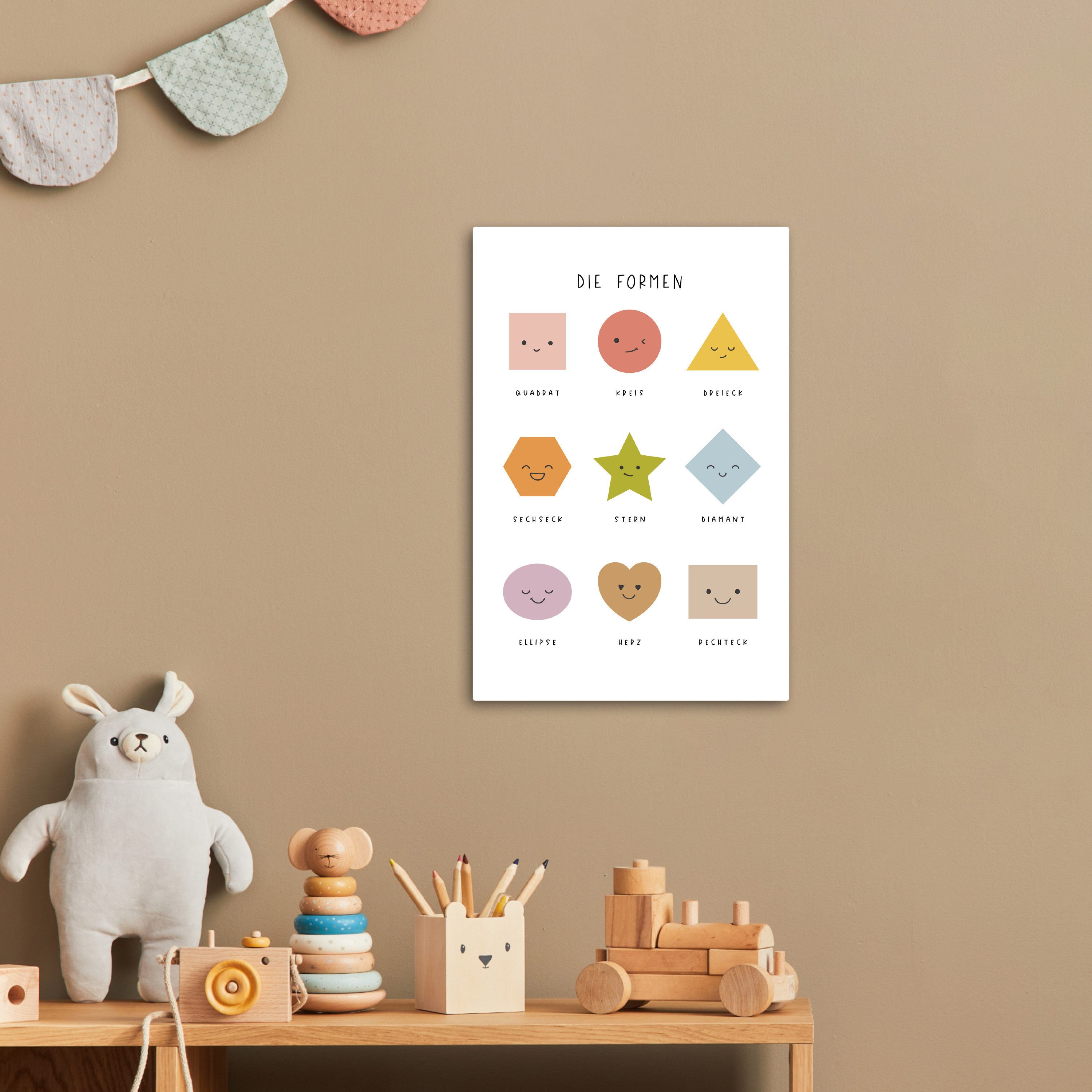 OneMillionCanvasses® Leinwandbild Pädagogisch - Formen lernen - Weiß - Geometrische Formen, Fotodruck (1 St), Kinderzimmer Deko, Mädchen und Jungen Bilder 20x30 cm