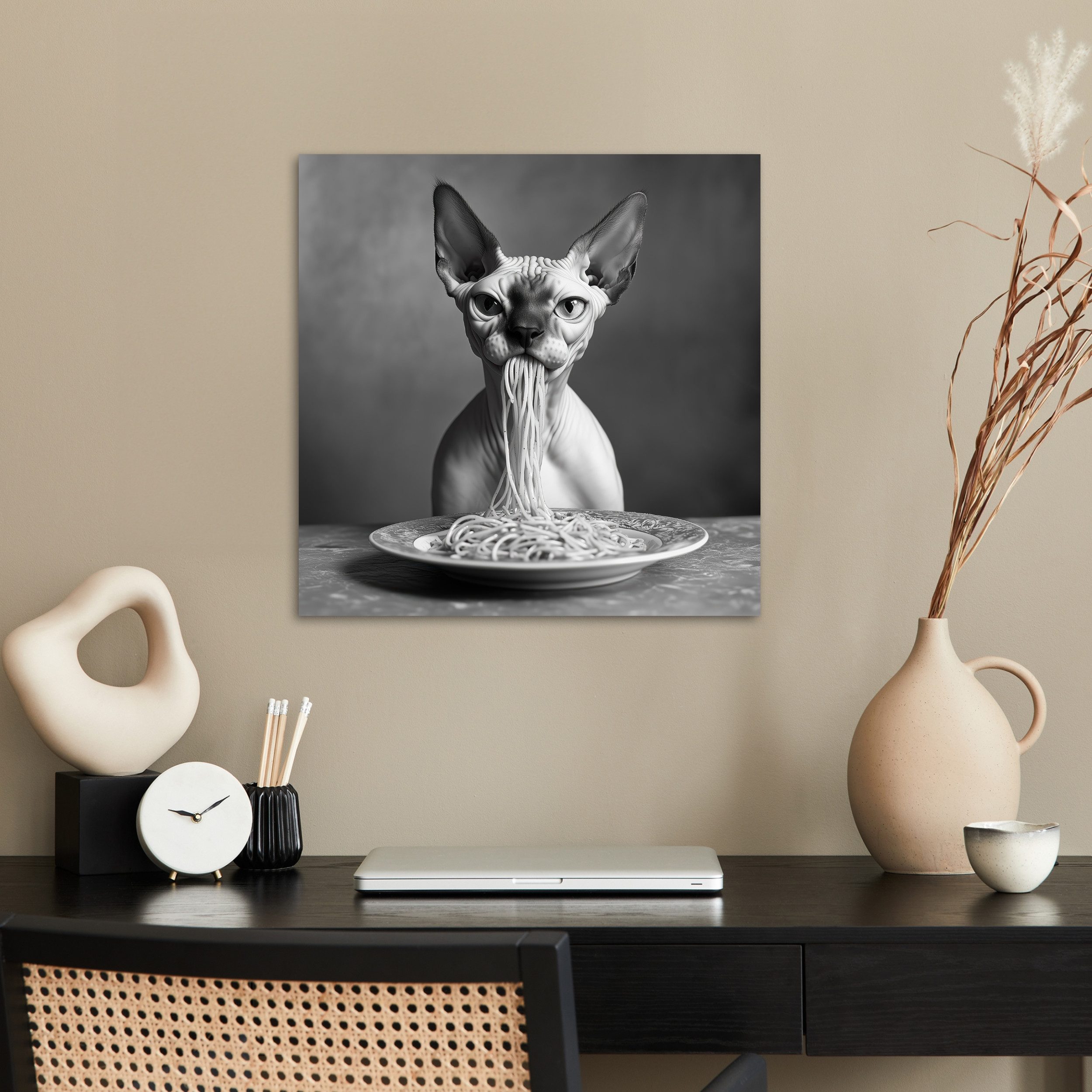 MuchoWow Poster Sphynx - Katze - Tiere - Humor - Spaghetti - Schwarz und Weiß, (1 St), Poster ohne Rahmen, Wandbild, Wandposter, 50x50 cm