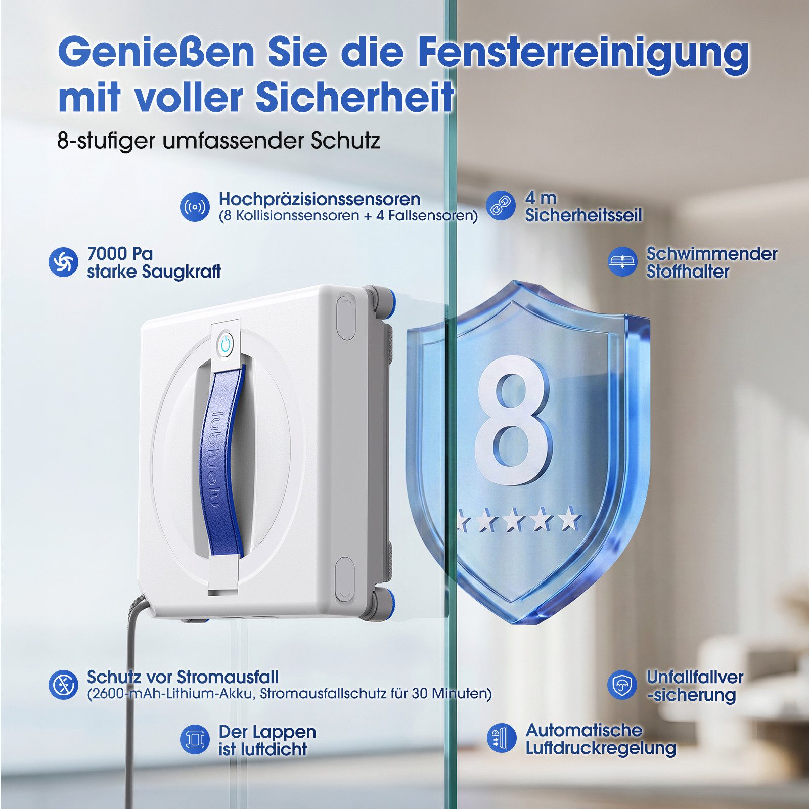 lubluelu Fensterputzroboter W100 Fensterputzroboter mit Sprühfunktion Glasreinigungsroboter 7kpa, Fernbedienung, Automatischer Glasreiniger mit Sicherheitsseil