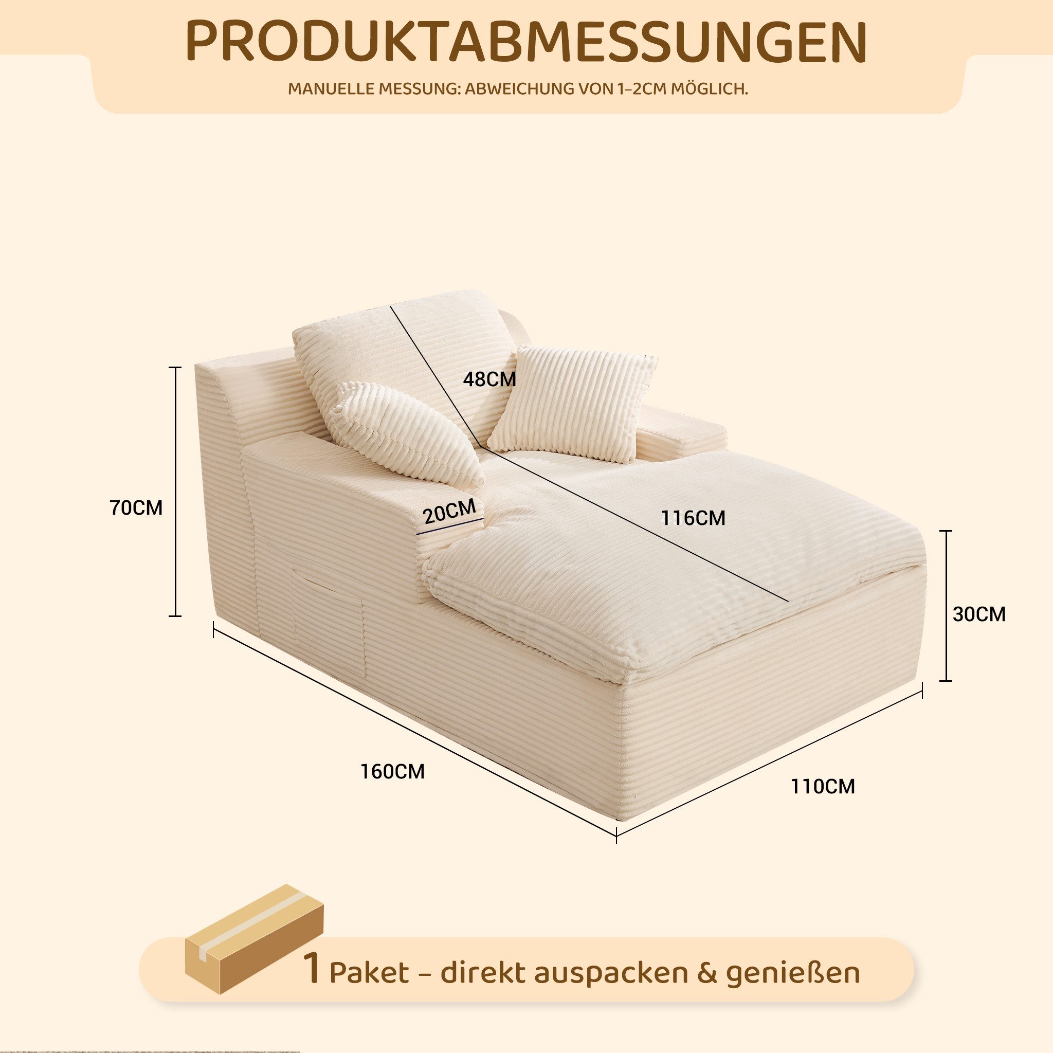 LITBIRD Chaiselongue 160 cm Loungesofa, Boneless Bodensofa & Schlafsofa mit Schlaffunktion, 1 Teile, Platzsparendes Cloud Sofa mit Armlehnen für Wohnzimmer