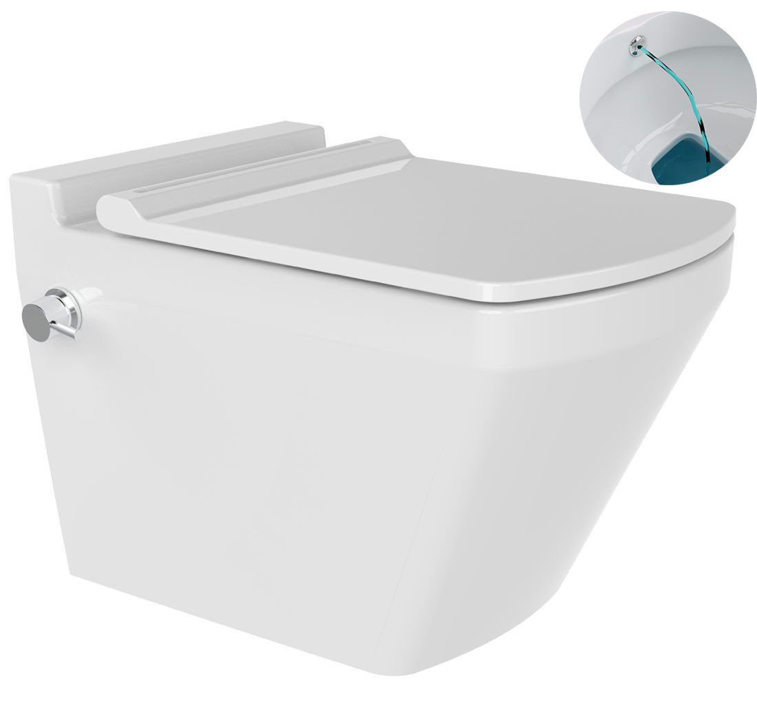 Ekershop Dusch-WC NEPTÜN TAHARET Spülrandloses Hänge WC integr. Kalt Armatur mit Deckel, Wandhängend, Wandmontage, Abgang Waagerecht, Nano-Versiegelung Antibakteriell, Anti-Kalk, Taharet Wand WC, WC-Sitz mit Absenkautomatik