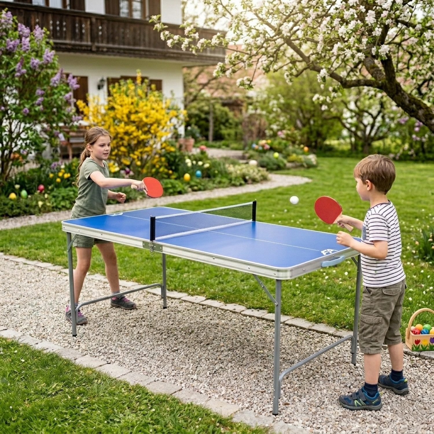 FASports Tischtennisplatte Fabula mit Spielset für Kinder und Jugendliche (Set, 4-tlg., Netz, Schläger, Ball), klappbarer Tischtennistisch, leicht transportierbar und verstaubar