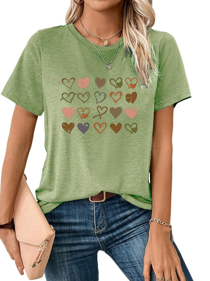 PYLIKE Kurzarmshirt Shirts Damen Casual Doodle-Herzen Druck bequemes t shirt Bequem für Freizeit und Büro,Strandurlaub