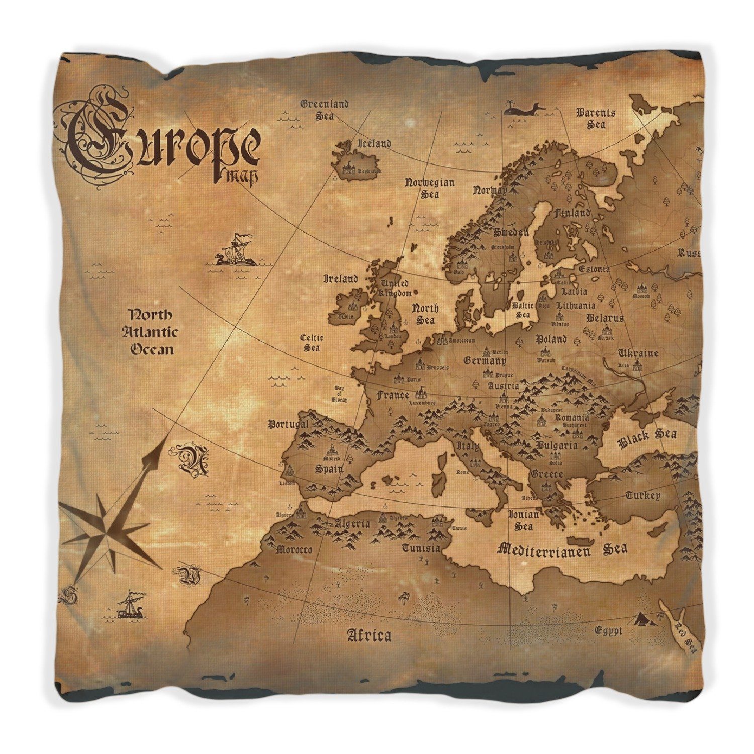 Wallario Dekokissen Alte Weltkarte Karte von Europa in englisch, handgenäht