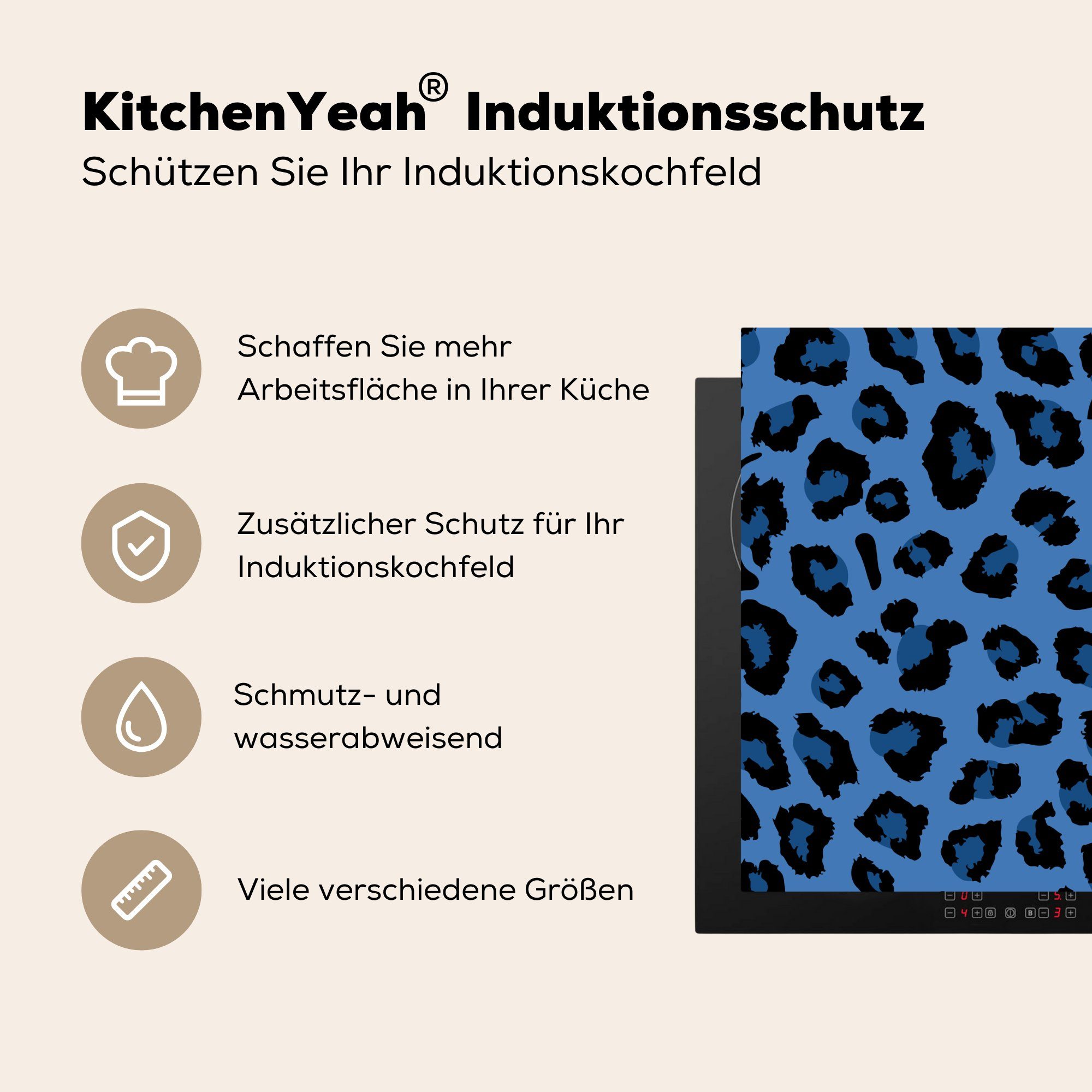 Küchen - Vinyl, Induktionsherd, für 58x51 Induktionskochfeld MuchoWow cm, Tiermuster Blau Dekoration - Herdblende-/Abdeckplatte Panther, (1 tlg),