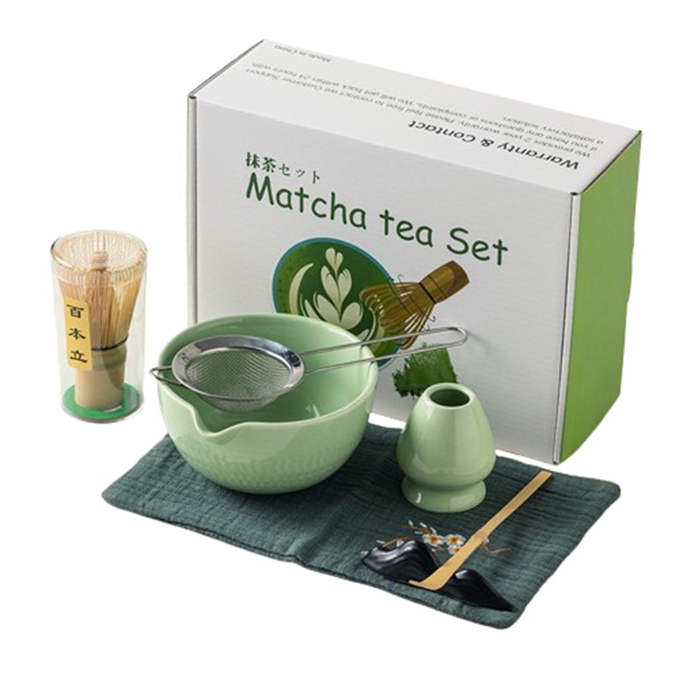 Auledio Teeservice Keramik Matcha-Schale, Teetuch und Matcha-Rührbesen-Set, 7-teilig