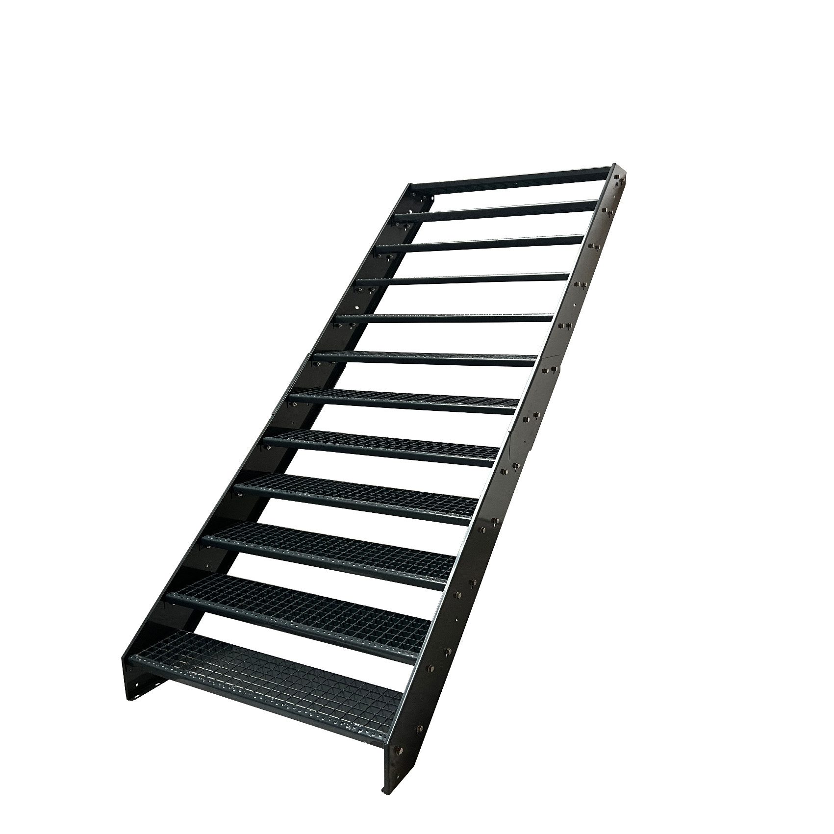 Kaminbau Mierzwa Außentreppe Stahltreppe 12 Stufen Anthrazit mit und ohne Geländer Höhe 228 cm, für Geschosshöhen bis 228 cm, Stufen Gitterroststufen nach DIN 24531, (Stufenbreite und Geländerart wählbar), Aus Premium Materialien hergestellt