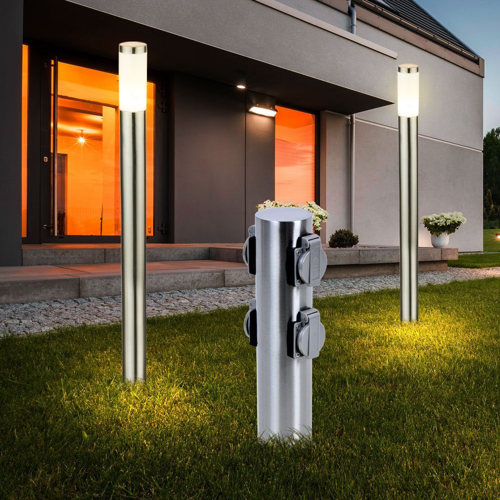 Pollerleuchte, 3er Set Außen Lampen Garten Steckdose Edelstahl