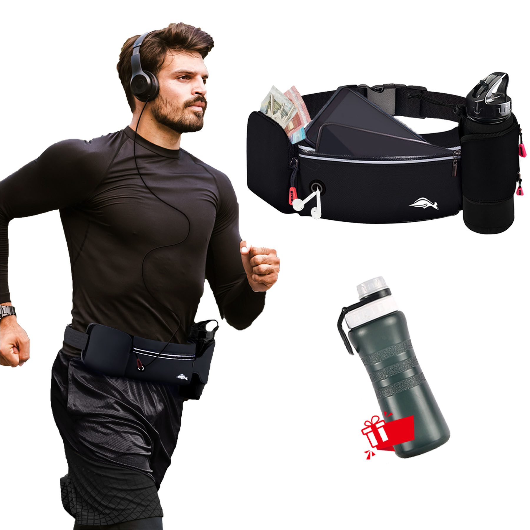Mutig Gürteltasche Hüfttasche mit Trinkflasche,wasserdicht Sport Bauchtasche,Verstellbar (Laufen Hüfttasche Damen Herren Mit Reflektstreifen, Sports Trinkgürtel für Joggen, Fitness,Reisen, Camping, Outdoor), für Geschenk zu Anlässen wie Geburtstagen und Feiertagen