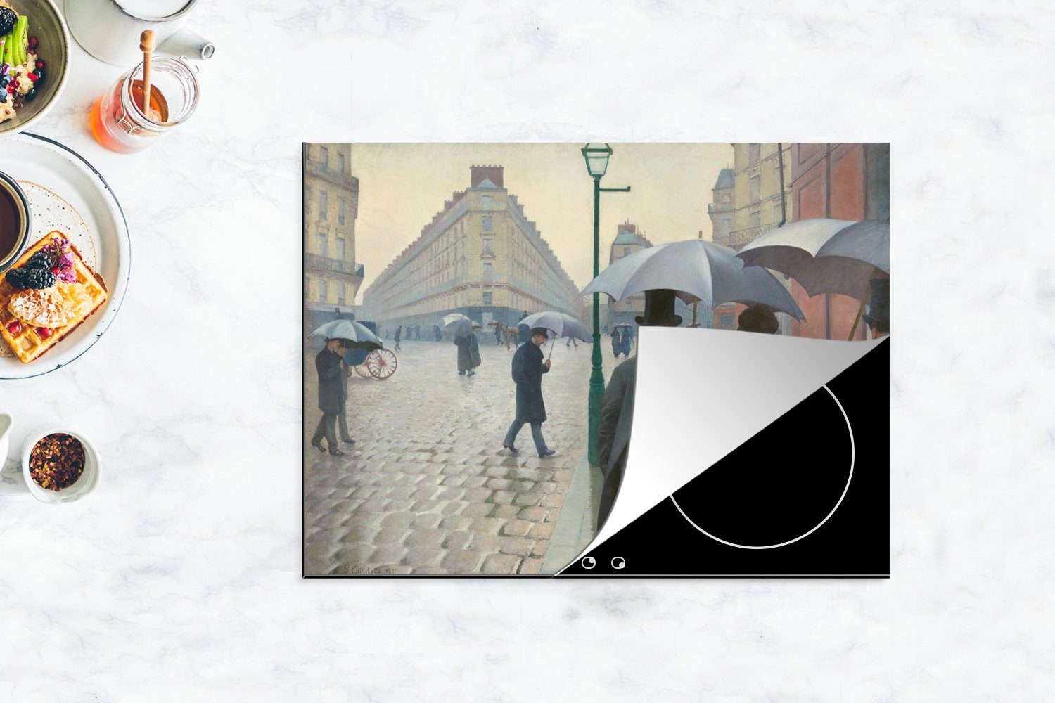 Vinyl, Caillebotte, (1 Mobile Arbeitsfläche nutzbar, Herdblende-/Abdeckplatte cm, Ceranfeldabdeckung MuchoWow Gustave Regentag in tlg), 70x52 - Paris