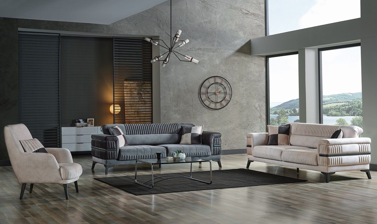 Europa Sofa 2x 1x Holz Wohnzimmer JVmoebel Sitzer in Stoff Wohnzimmer-Set + Sofa Made Sessel), Neu, 3+3+1 Sofagarnitur 3 (3-St., Modern Luxus