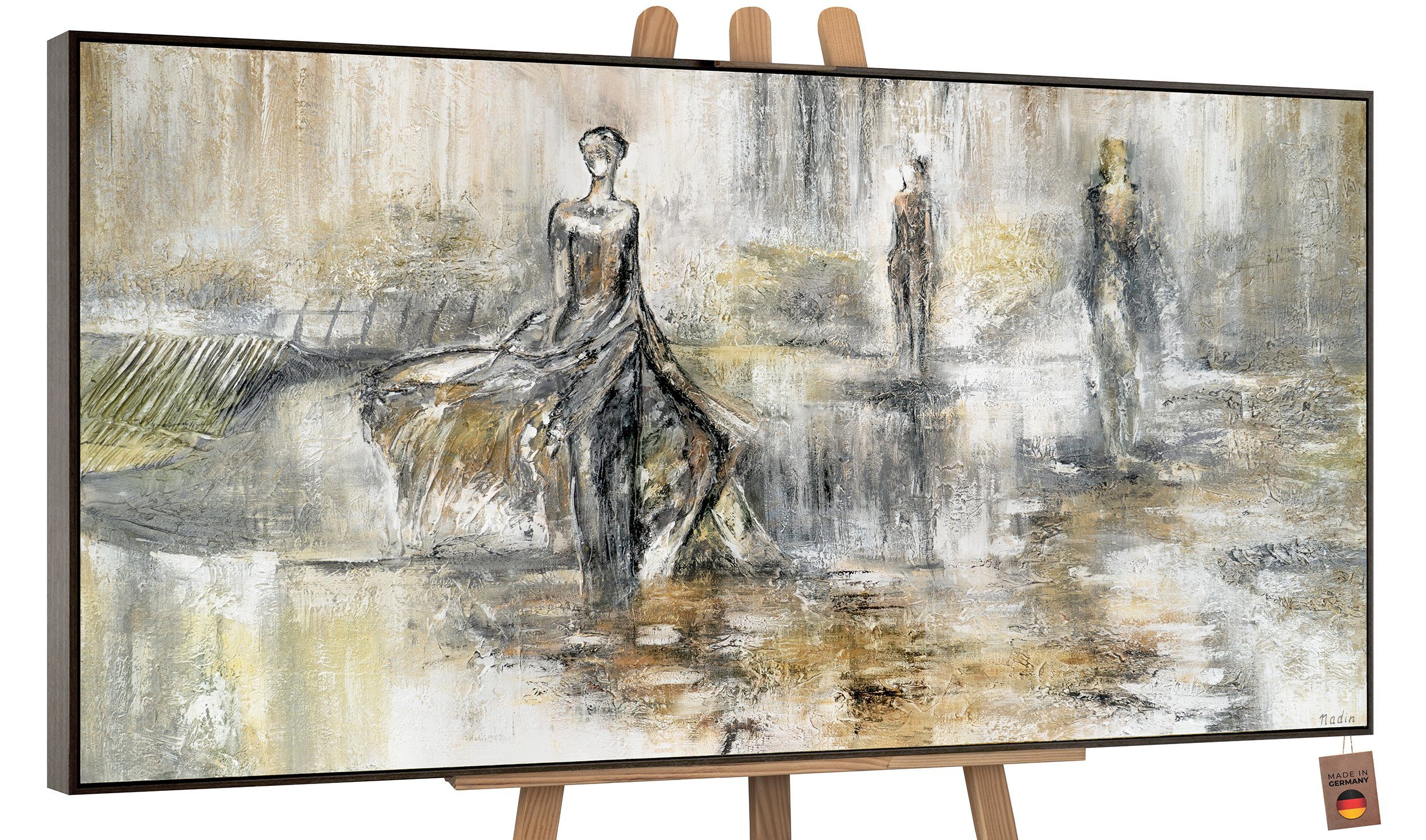 Kleid Rahmen Modenschau, Handgemalt Bild Braun Frauen Mit Abstrakt Menschen, Leinwand im Grau YS-Art Gemälde in
