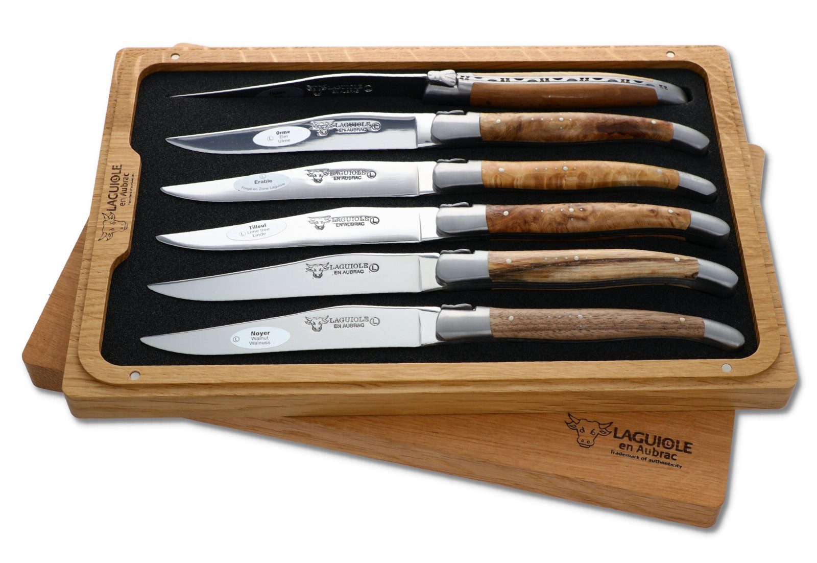 Laguiole en Aubrac Steakmesser 62C99EWIH-N 6er Set - Griff europäische Hölzer - Backen matt - Klinge glänzend
