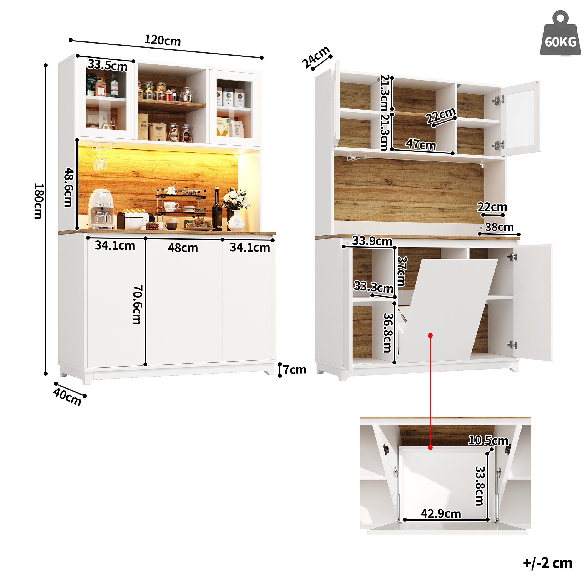 Celya Hochschrank Küchenschränke, hohe Küchenbeistelltische, Sideboards (120 × 40 × 180 cm mit Acryltüren und LED-Beleuchtung) ideal für Küche, Esszimmer, Wohnzimmer oder Arbeitszimmer
