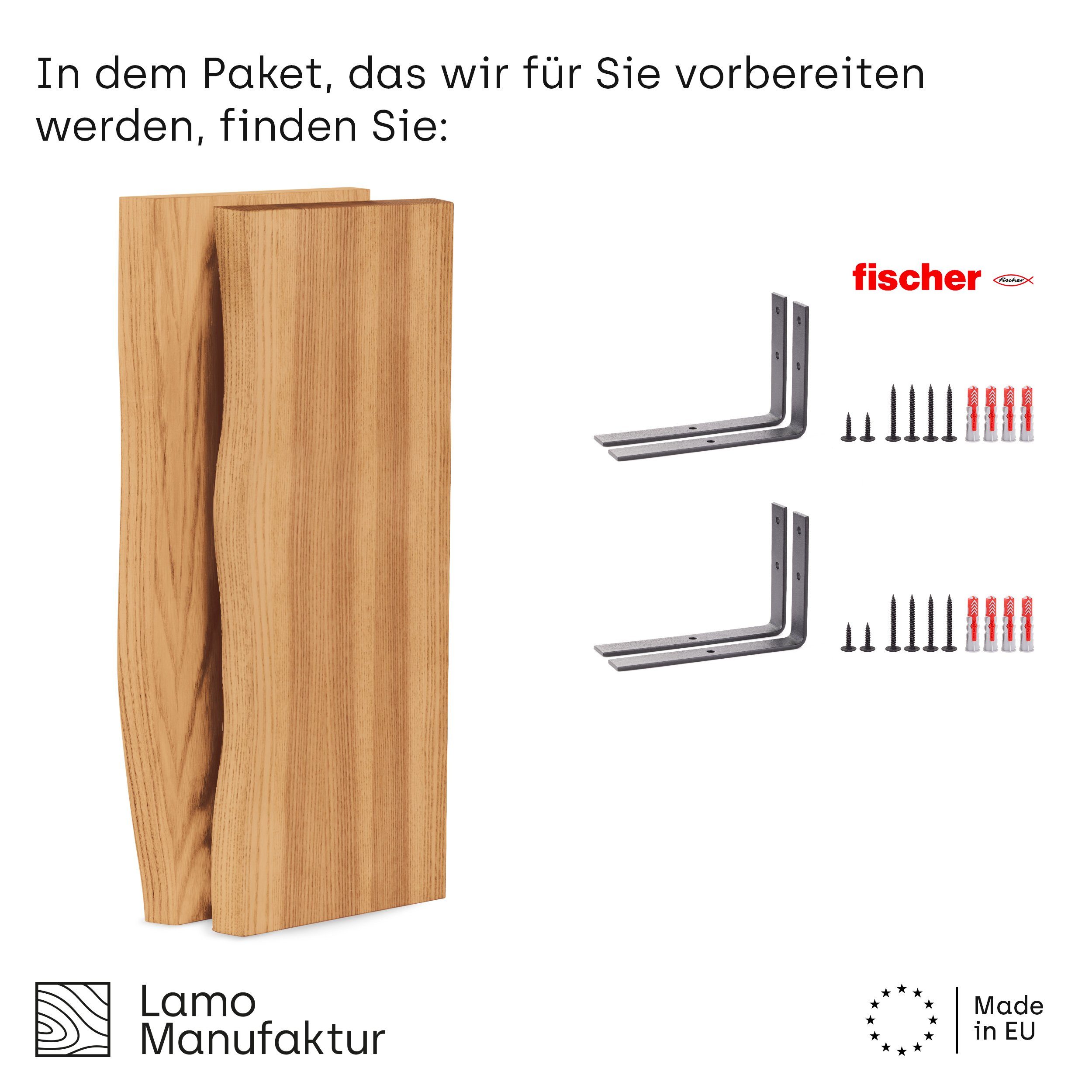 LAMO Manufaktur Wandregal LAMO Manufaktur 2 Stück Wandregal Holz 2x 42cm, Schweberegal Massiv 100% Echtholz, Wandregale SET 2 Baumkante Farbe: Rustikal