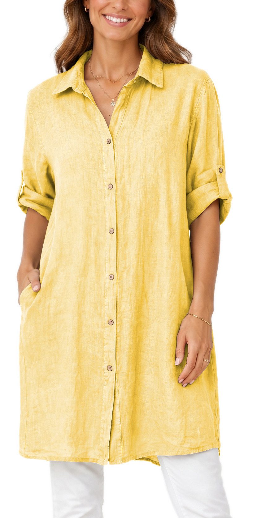 dy_mode Longbluse Damen Leinen Longbluse Sommer Hemdbluse Blusenkleid Luftige Tunika in Unifarbe, mit Knopfleiste