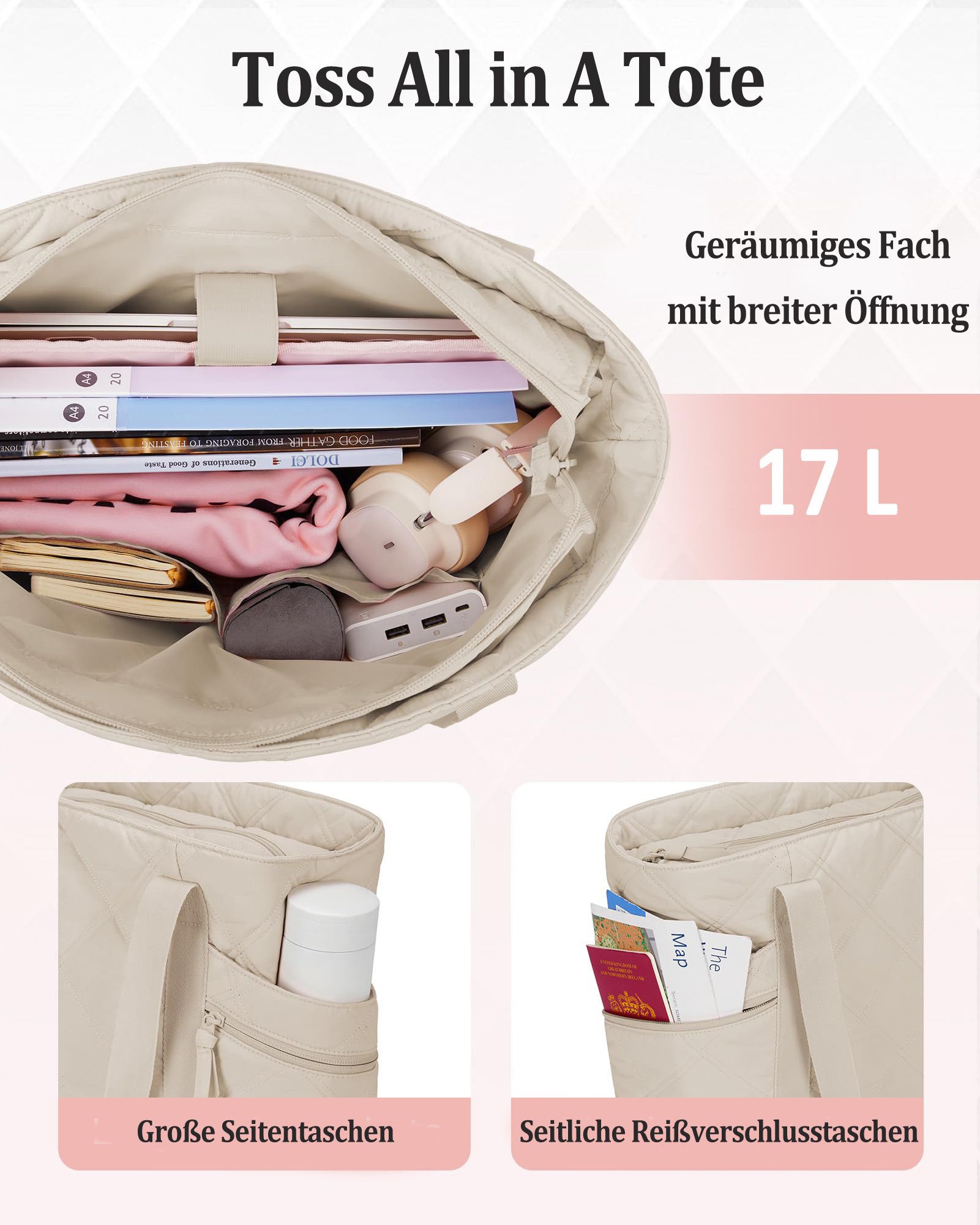 nsihing Schultertasche Damen große Schultertasche, Reißverschluss-Tote Bag, 18L großer Umhängetasche, geeignet für Reisen, Arbeit und Fitness