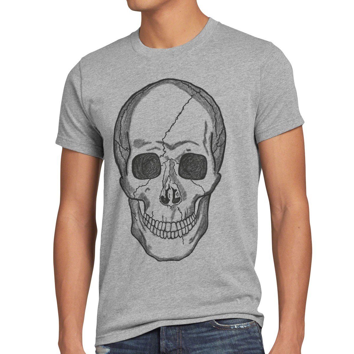 style3 Print-Shirt Herren T-Shirt Skull Totenkopf Harley Rocker Punk Tattoo gothic knochen biker us grau meliert