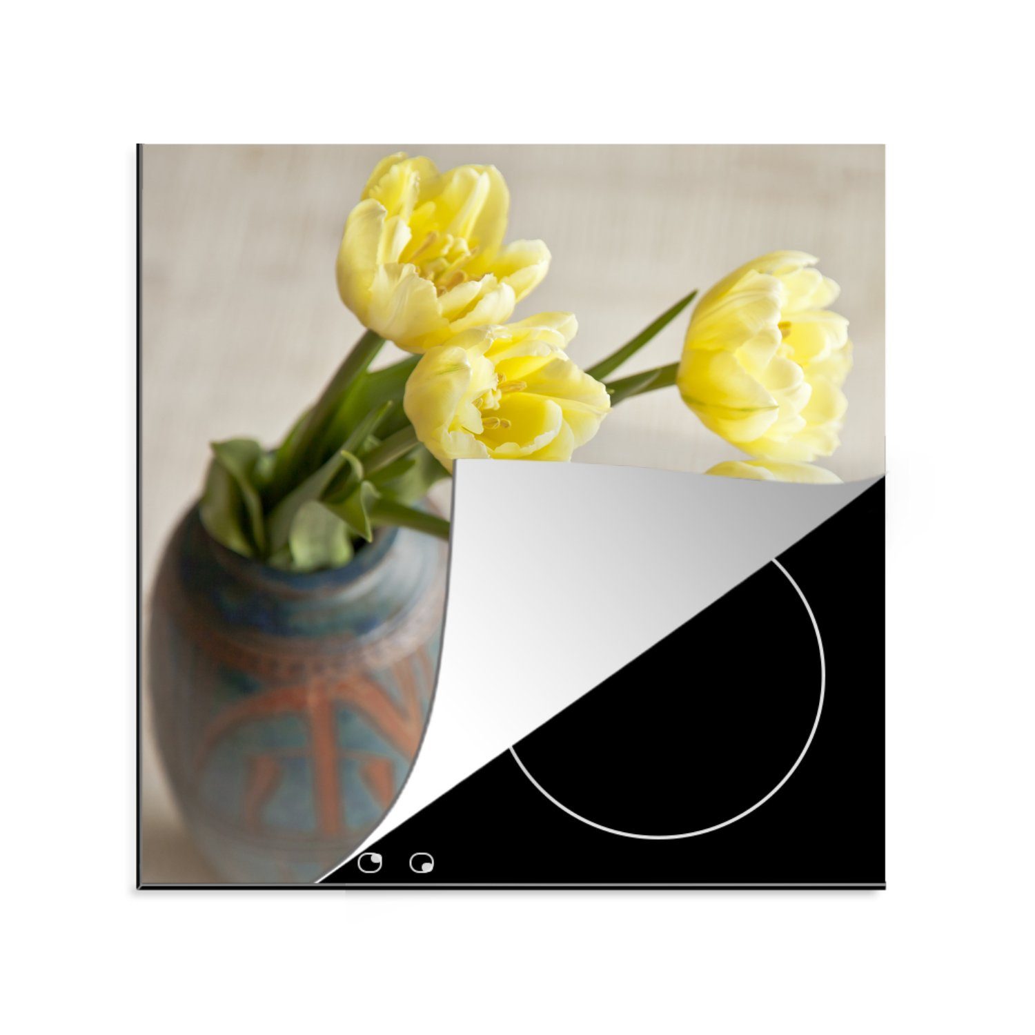 MuchoWow Gelbe Arbeitsplatte in Vinyl, cm, für küche (1 Steinvase, einer tlg), 78x78 Tulpen Ceranfeldabdeckung, Herdblende-/Abdeckplatte