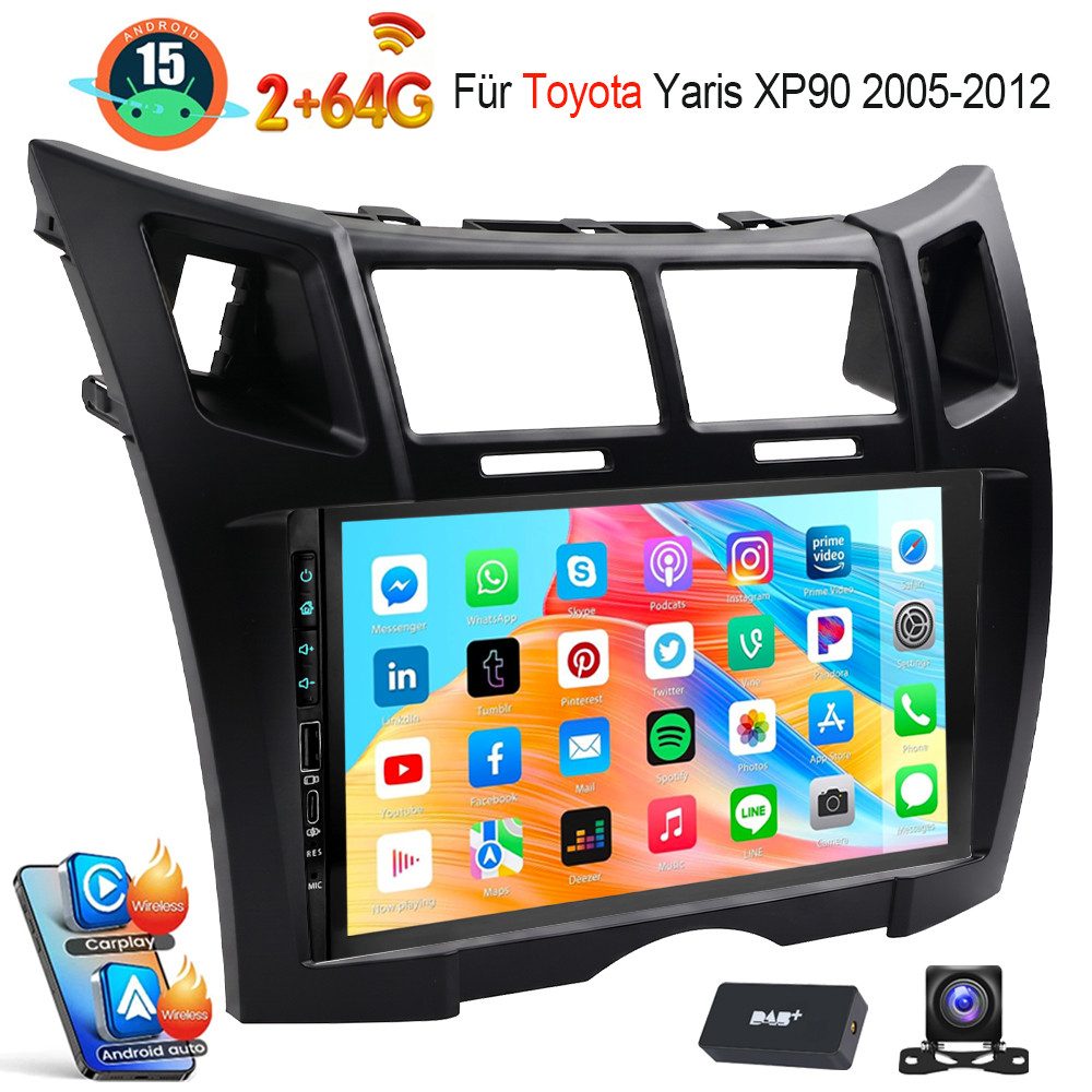ESSGOO Android 15 Radio Toyota Yaris XP90 2005-2012 CarPlay GPS WiFi Mit USB Autoradio (RDS, 4+64GB(optional), Digitalradio (DAB), FM, USB- und Type-C, SWC, Carplay Android Auto Bluetooth EQ USB GPS Navi WIFI Touchscreen)