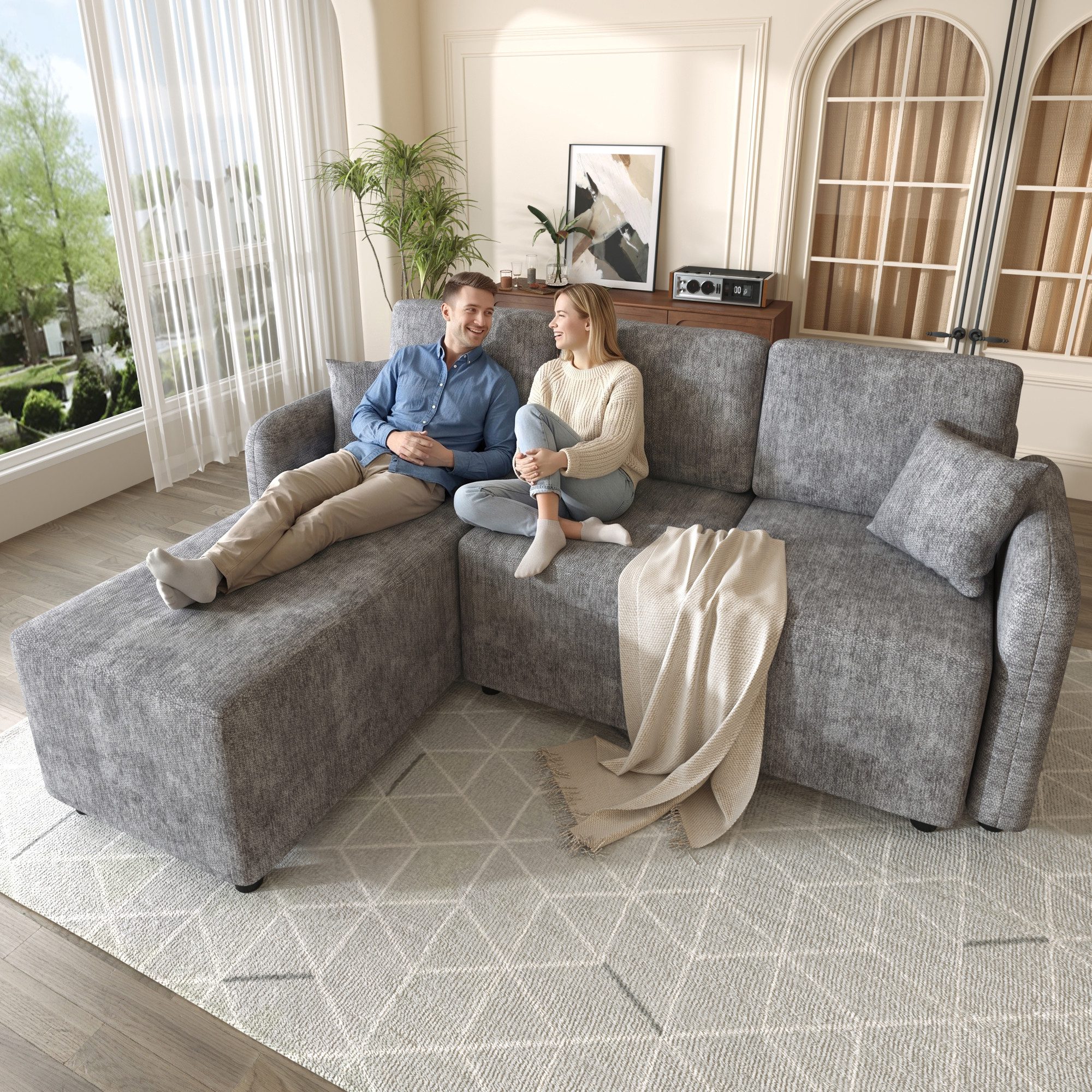 Fine Life Pro Sofa Ecksofa 3er Set Chenille 144cm Liegefläche, Ohne Größe Wohnzimmer Wohnung Studentenwohnheim