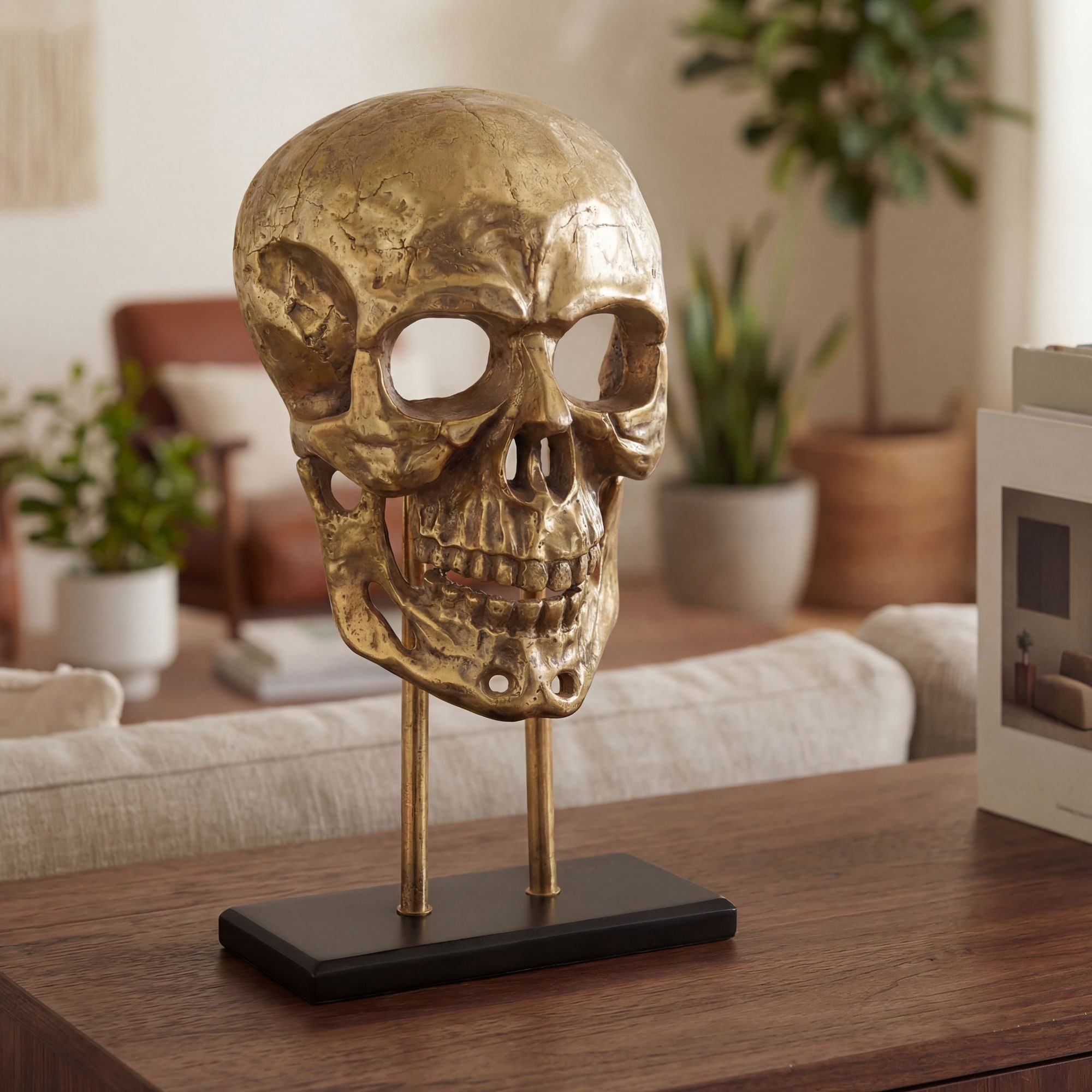 FINEBUY Dekofigur FB77843 Deko Totenkopf 57cm Aluminium Gold Schädel Dekoration Skull (Stabiler schwarzer Sockel für festen Stand), Komplett montiertes und fertiges Accessoire
