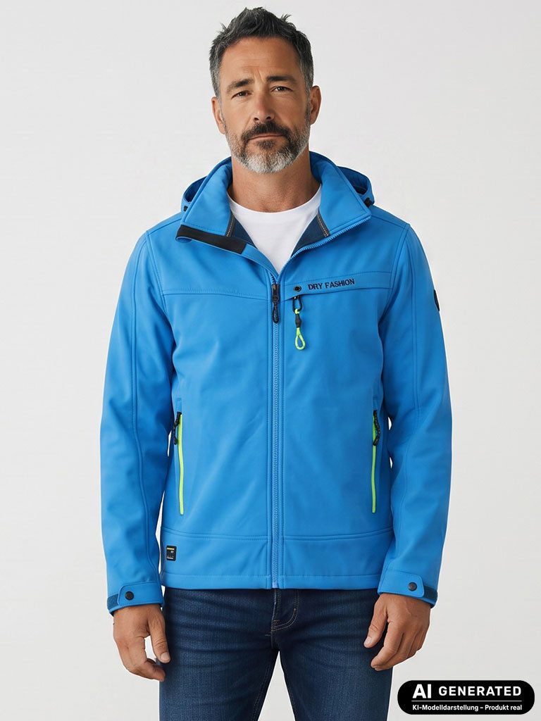 Dry Fashion Softshelljacke Herren Outdoor-Jacke Flensburg - Jacke Softshell Fleece-Innenfutter Atmungsaktiv, 2-Wege-Reißverschluss, Kapuze abnehmbar, Bundzug