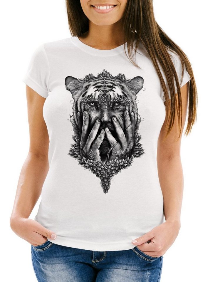 Neverless Print-Shirt Damen T-Shirt Tiger Face Slim Fit Neverless® mit Print