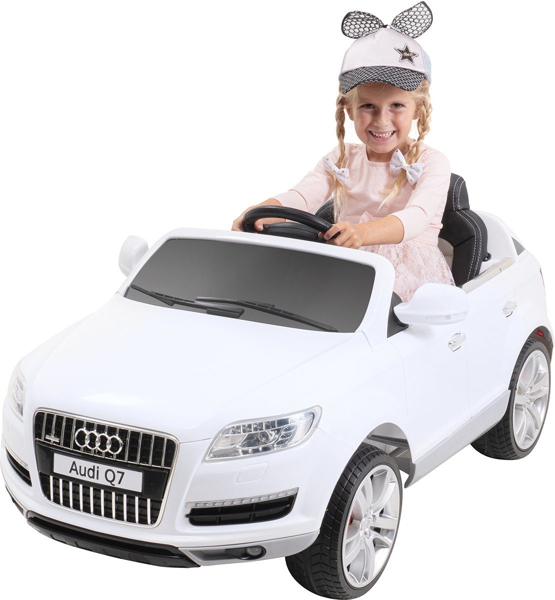Elektro 12 Weiß Elektro-Kinderauto 2 Audi Kinder Actionbikes Motors 4L, Motoren Sicherheitsgurt (2-tlg), 35 Auto x Kinder Belastbarkeit kg, Elektroauto Volt - Fahrzeug Fernbedienung Q7