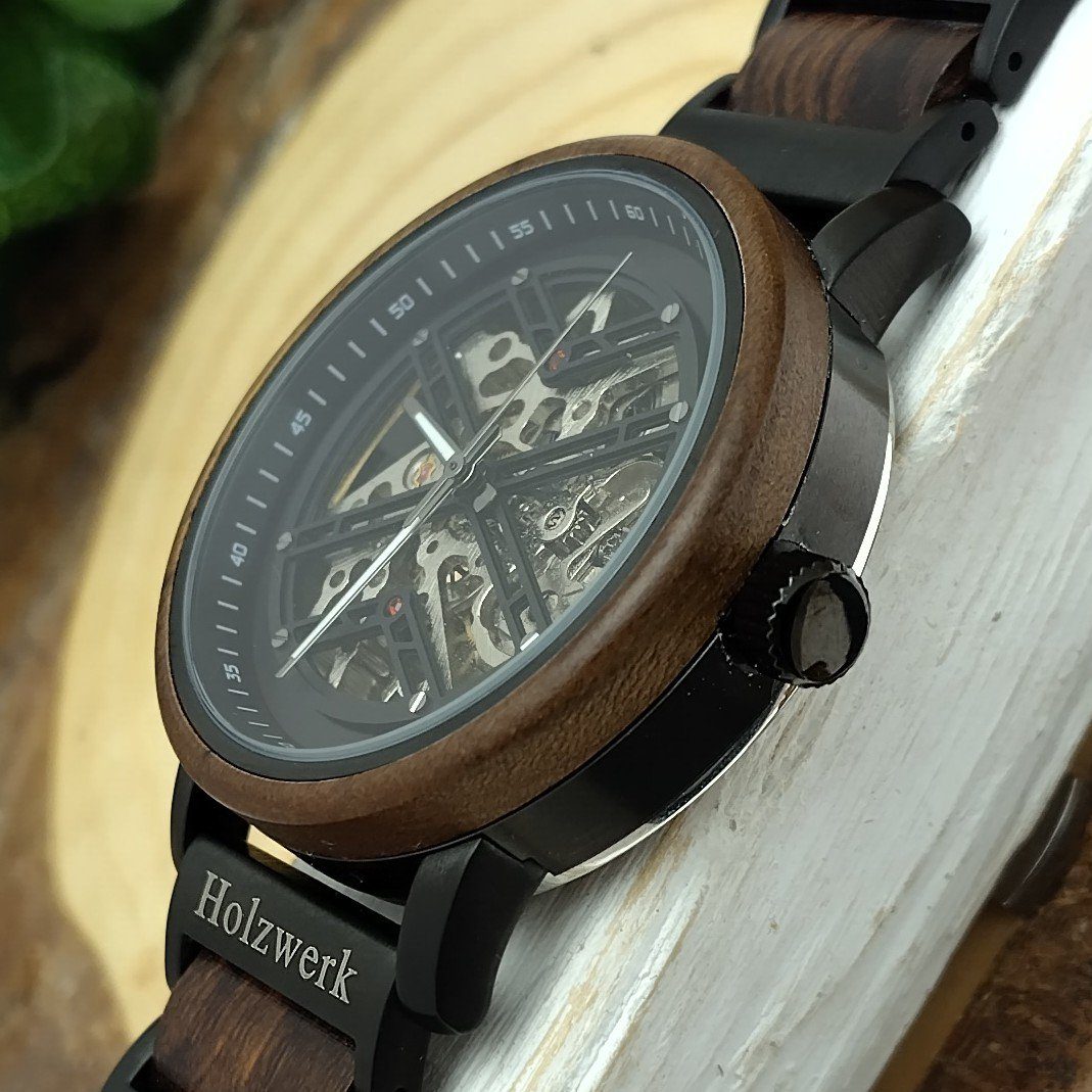 Holzwerk Mechanische Uhr Moderne Herren Edelstahl & Holz Armbanduhr, (inklusive Armbandkürzer), Holz Unikate, ideal auch als Geschenk, Automatik, offene Unruhe