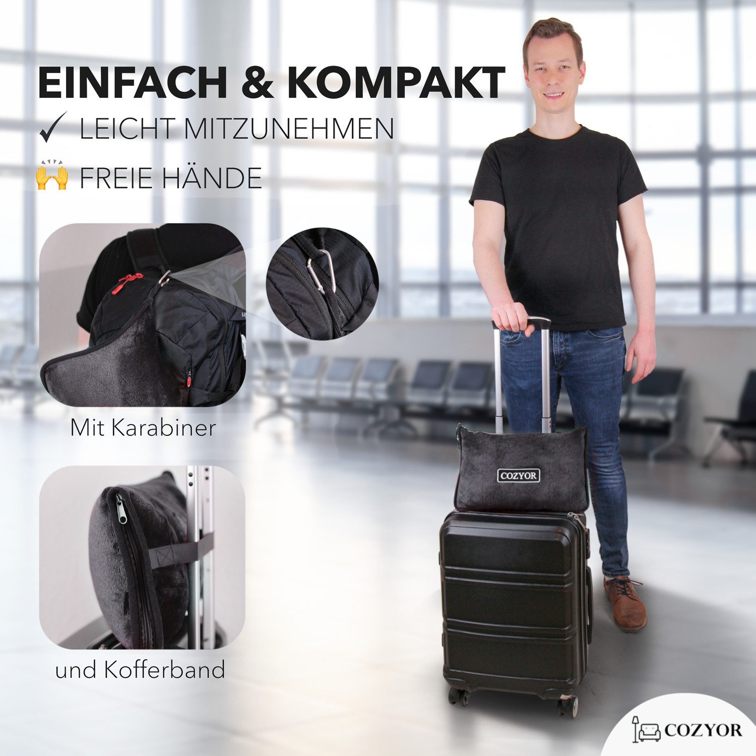 Cozyor Reisekissen und Reisedecke 2 in 1, Reiseset kuschelig weich + Rucksack-Clip, & mit praktischer Befestigung für Koffer, anthrazit dunkelgrau, 1-tlg., Verwandlungskissen, Flugzeugdecke für unterwegs wahlweise mit Nackenkissen & Augenmaske