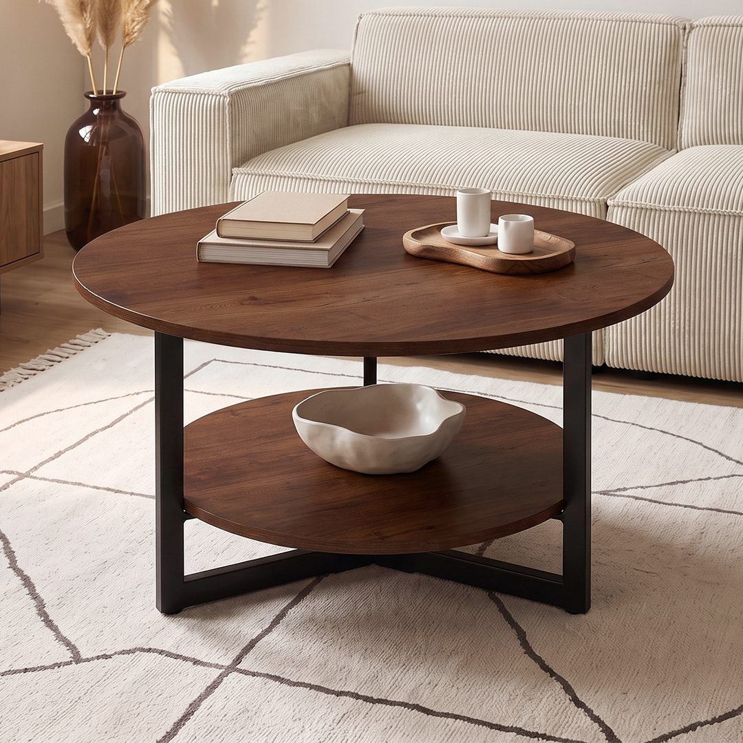skølm Couchtisch Drakkar aus Massivholz Eiche, Tisch mit Metallgestell (Walnussoptik), Wohnzimmertisch Ø70 cm mit 2 Ablageflächen