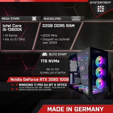 SYSTEMTREFF Gaming-PC (Intel Core i5 13600K, GeForce RTX 3080, 32 GB RAM, 1000 GB SSD, Wasserkühlung, Windows 11, WLAN)