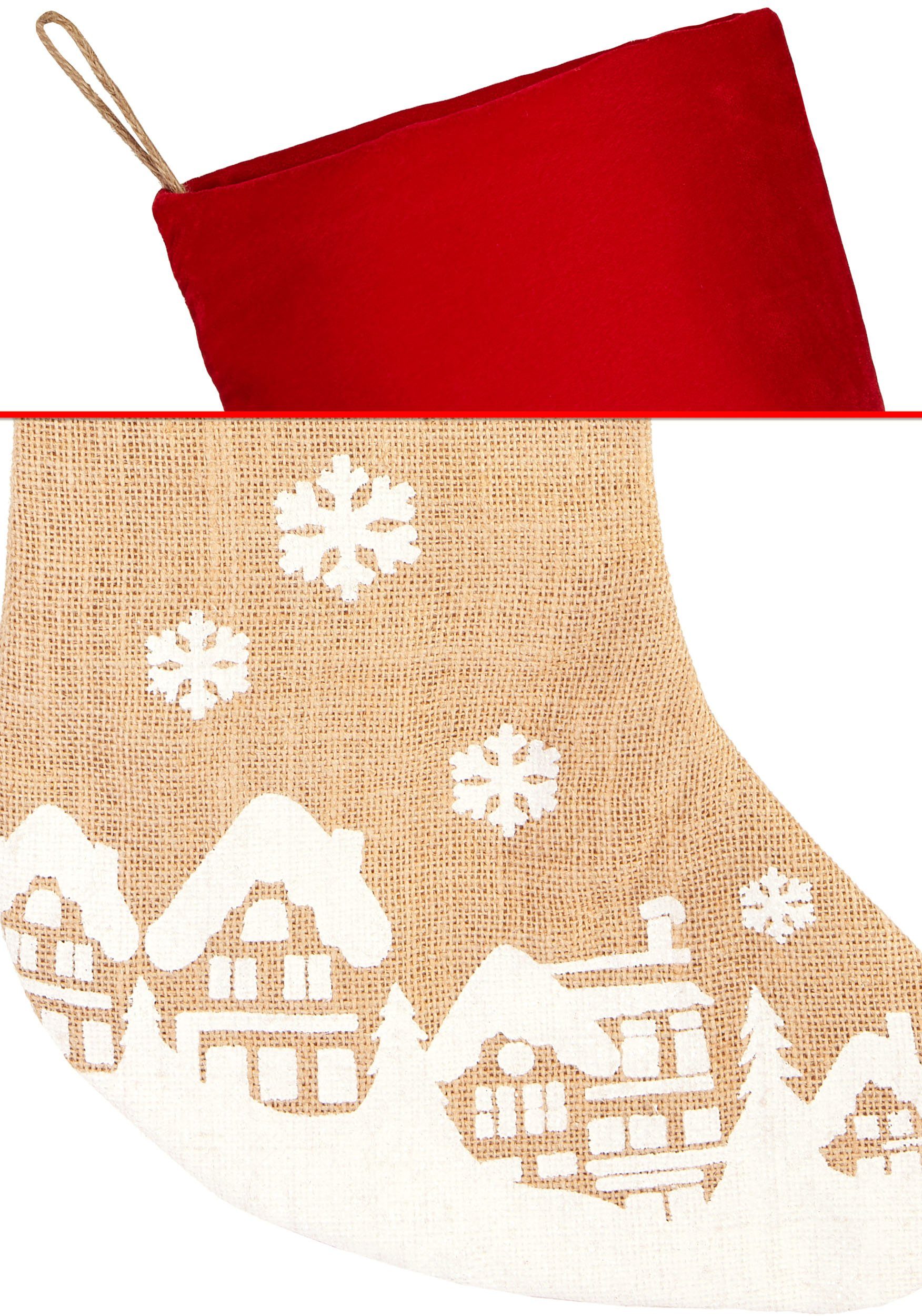 BRUBAKER Nikolausstiefel Weihnachtsstrumpf zum Befüllen und Aufhängen - 52 cm Nikolausstrumpf (1 St., Nikolausdeko für Weihnachten und Nikolaus), Weihnachtsdeko Strümpfe Weihnachtssocke - Weihnachtsdorf im Schnee