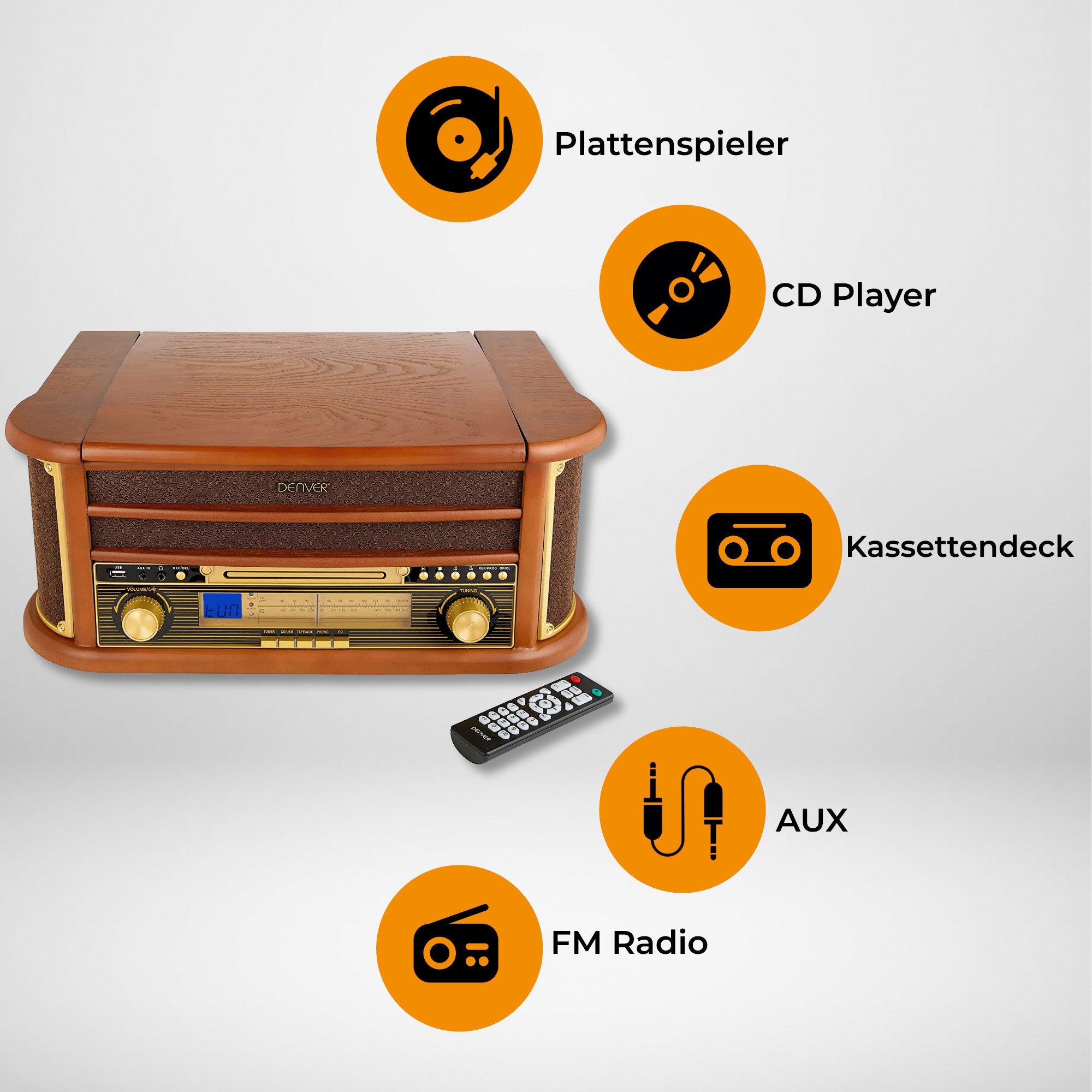 Denver MCR-50 Plattenspieler (3-Gang-Riemen, Plattenspieler, Kassette, CD, Radio, USB-MP3)