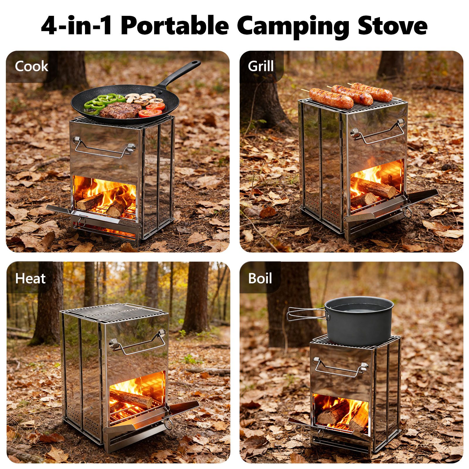 SunJas Holzkohlegrill Edelstahl Campinggrill klappbar Camping Holzofen, Faltbarer Camping Backofen, Edelstahl tragbar Campingofen, tragbarer faltbarer Holzofen mit Tragetasche, für Outdoor-Aktivitäten, Wandern, Picknick und Grillen