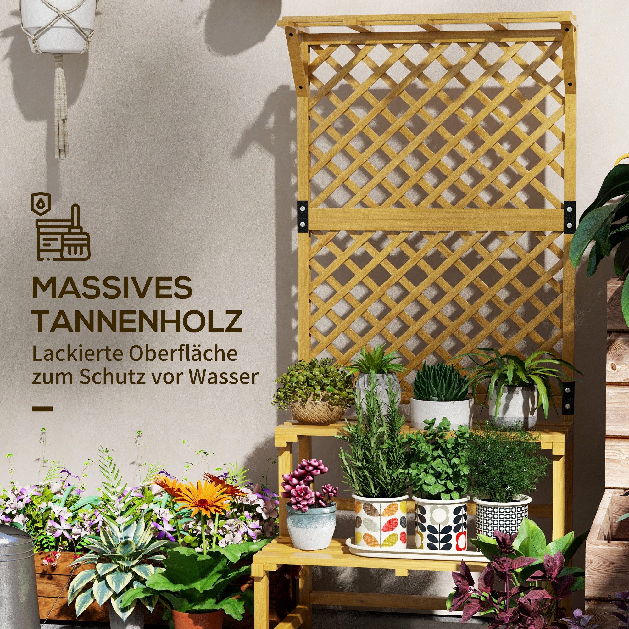 Outsunny Pflanzentreppe Blumentreppe mit Rankhilfe, Holz Blumenständer, mehrstöckig (Blumenregal, 1 St., Pflanzenregal), für Garten, Balkon, Gelb – Bild 5 von 5