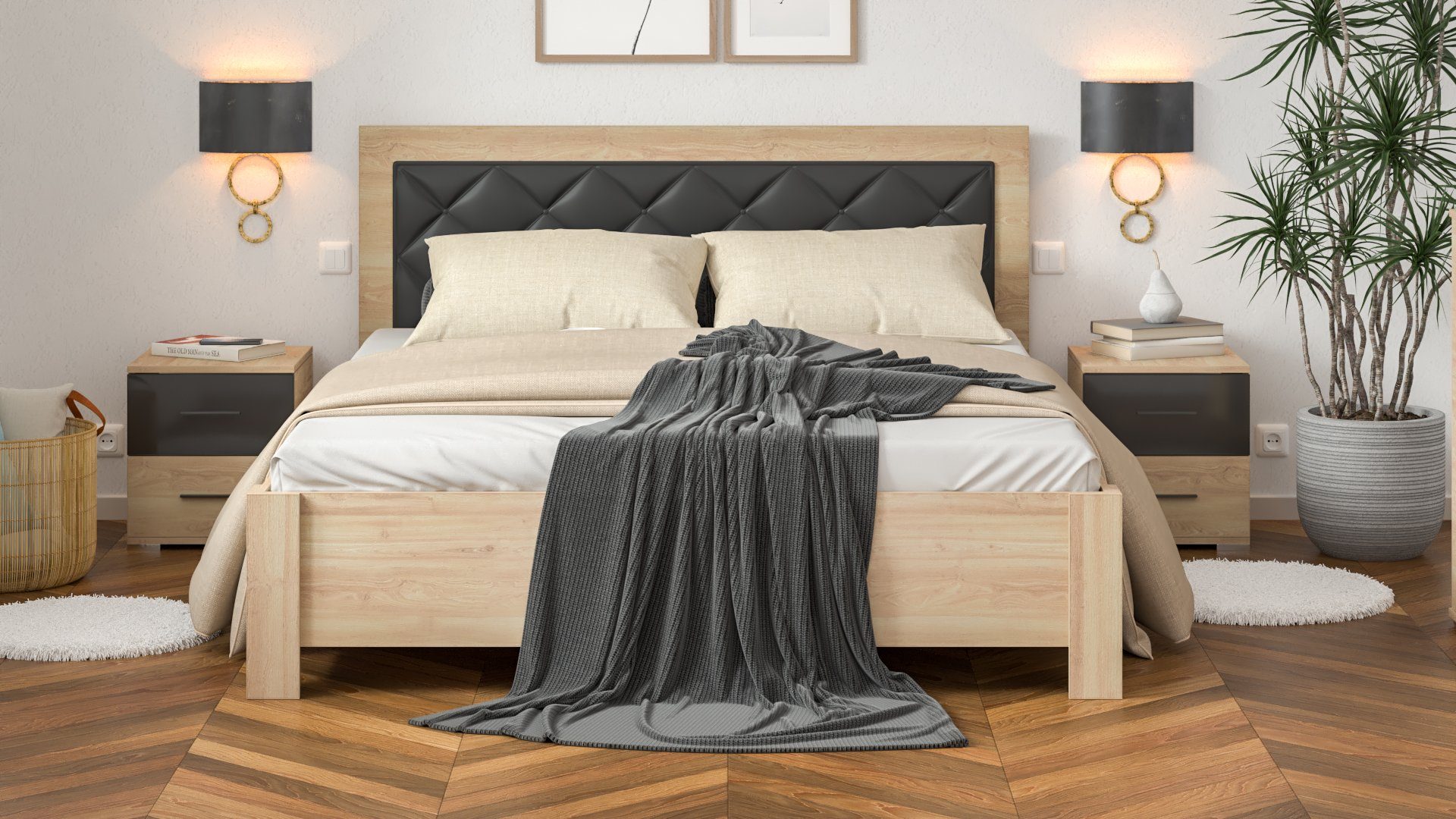 Platte - - laminierte mit Bett gepolstertem cm Holzrahmen, Doppelbetten elegantes Paris Möbelplatte - 160x200 - Bett Kopfteil Siblo Doppelbett