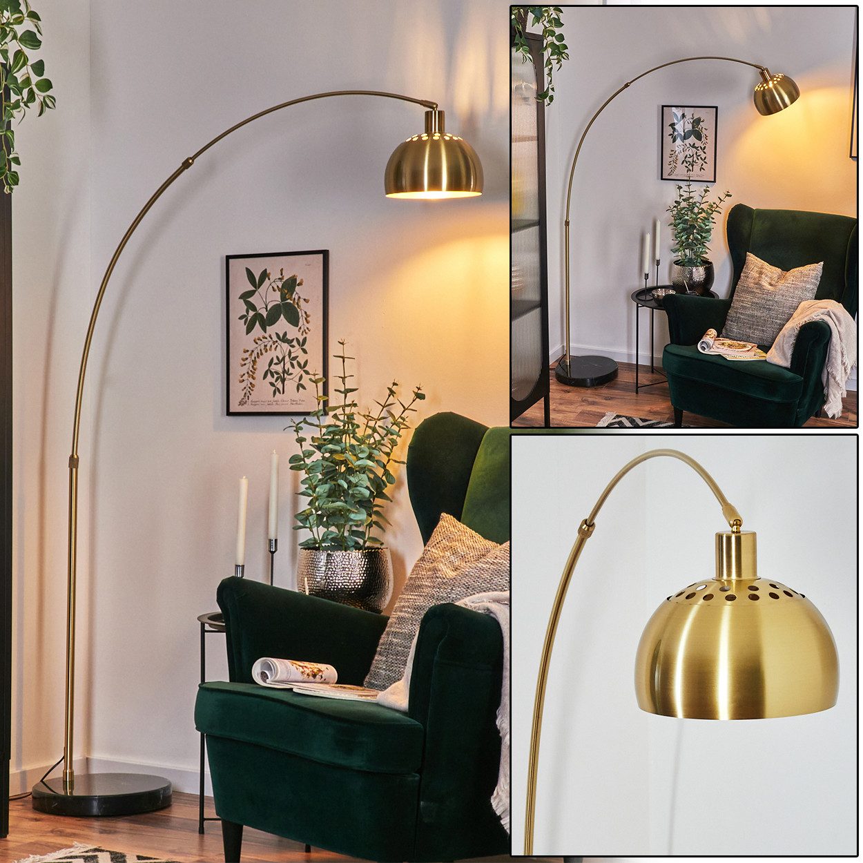 hofstein Bogenlampe Stehlampe aus Metall in Schwarz/Messing gebürstet/Gold mit Marmorfuß, ohne Leuchtmittel, verstellbar, im Vintage-Design, Lichteffekt, Fußschalter, E27