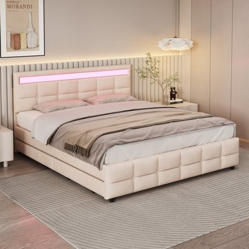 Ulife Polsterbett Doppelbett mit 4 Schubladen, LED, Samt, Verstellbares Kopfteil