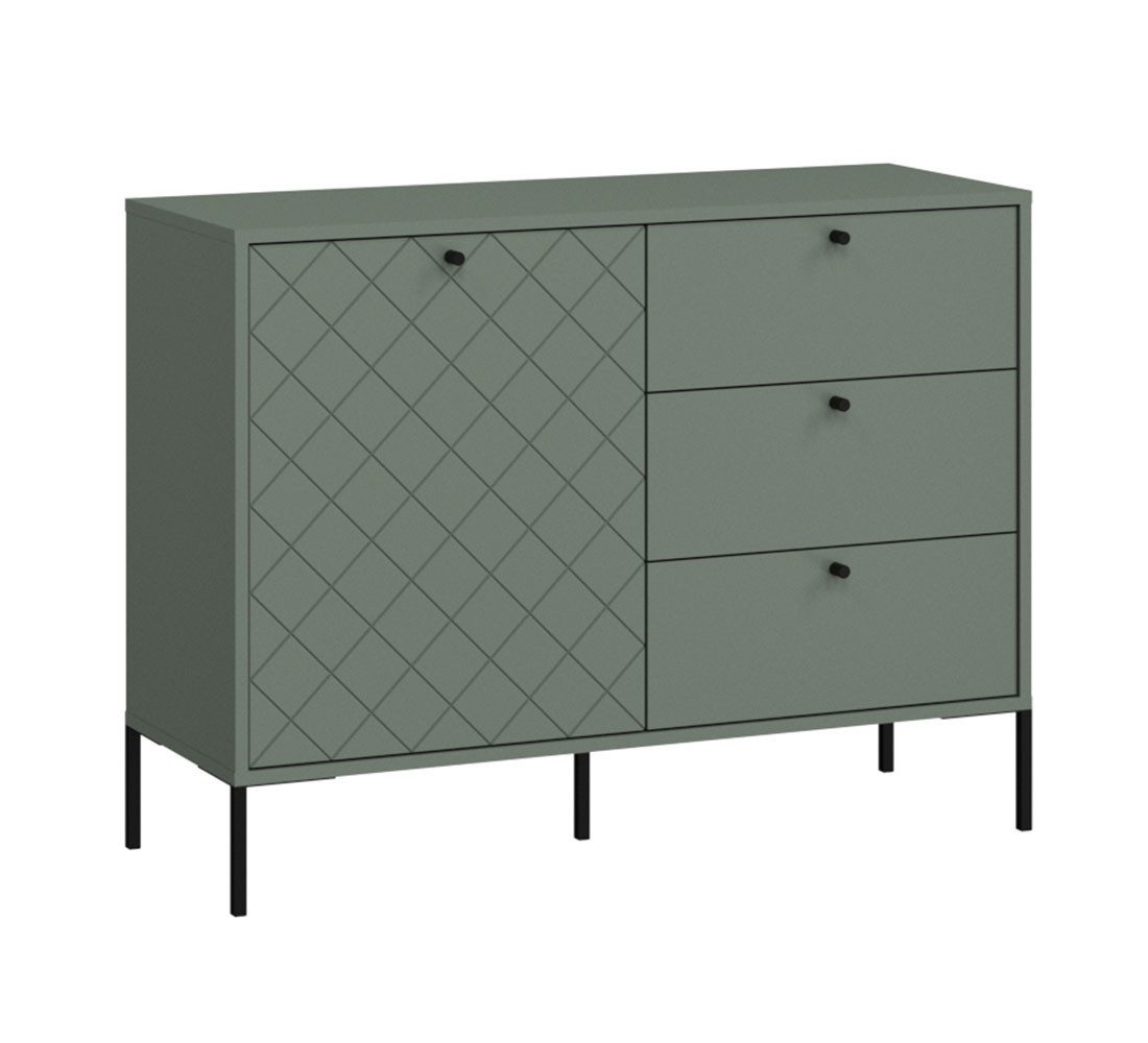Feldmann-Wohnen Sideboard Vitoria (1-türig, 3 Schubladen, 1 Einlegeboden, 1 St., moderne Optik, 1-türig, Knopfgriffen, Metallfüße), 105x38x79cm grün