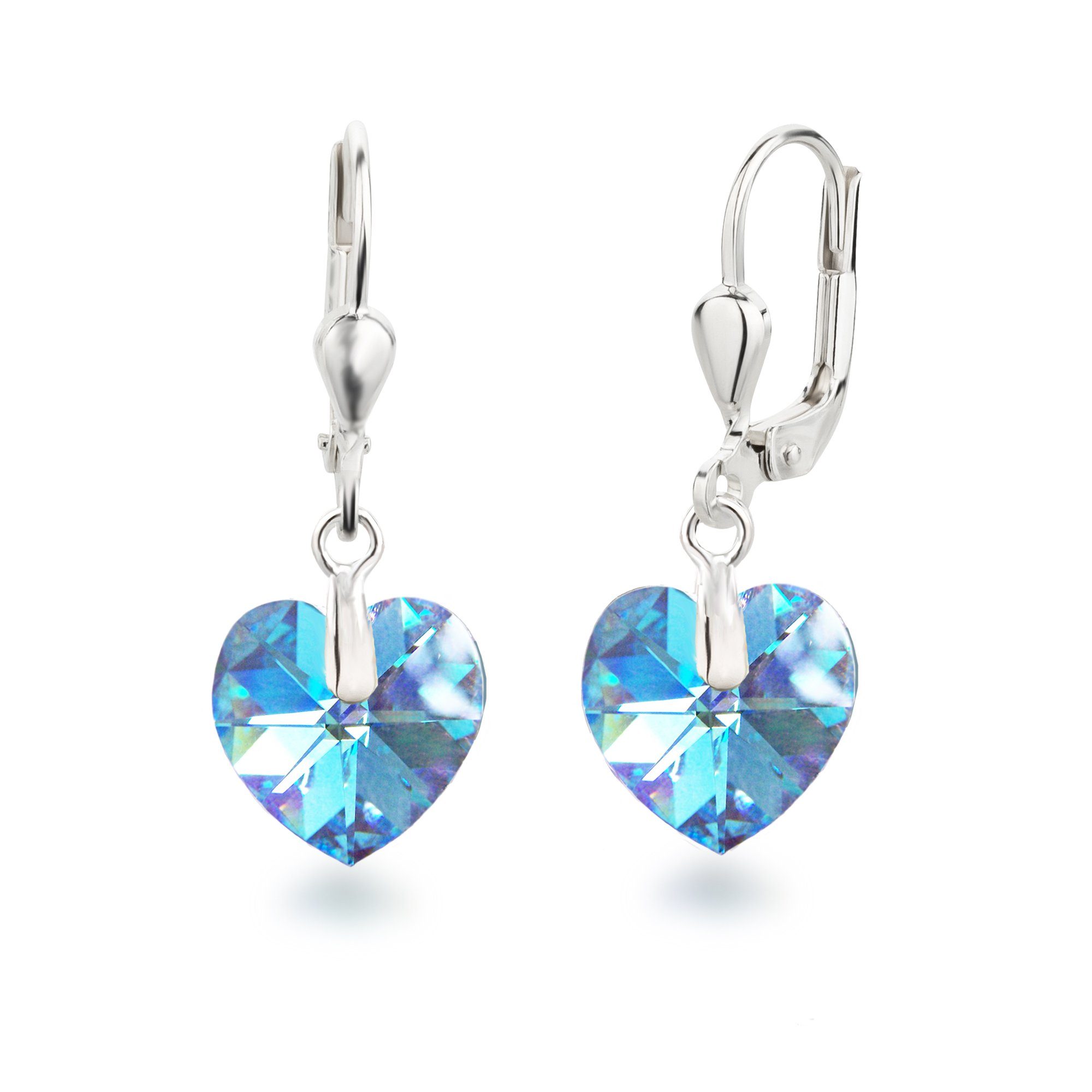 Schöner-SD Paar Ohrhänger Ohrringe hängend mit Herz Kristall 10mm für Damen und Mädchen, 925 Silber Aquamarin