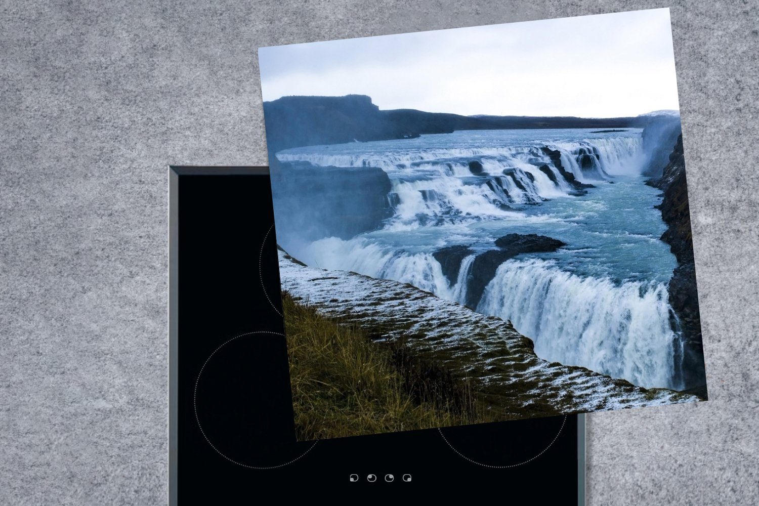 MuchoWow Herdblende-/Abdeckplatte Ceranfeldabdeckung, - Wasserfall 78x78 (1 Island Vinyl, für - cm, tlg), Europa, küche Arbeitsplatte