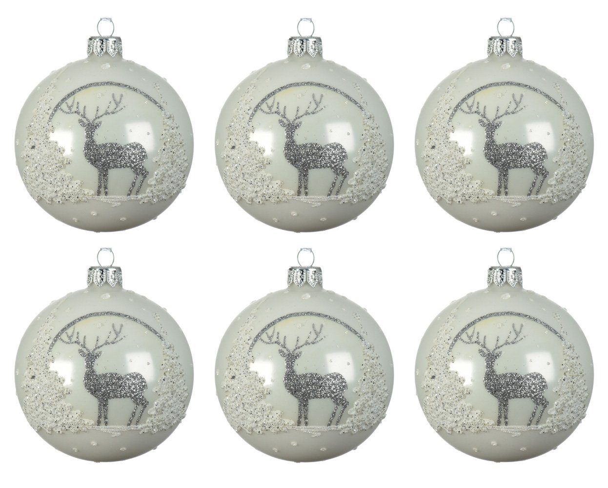 Decoris decorations Hirsch im 8cm 6er Weihnachtsbaumkugel, Weihnachtskugeln Motiv Set Winterweiß mit Wald Glas season